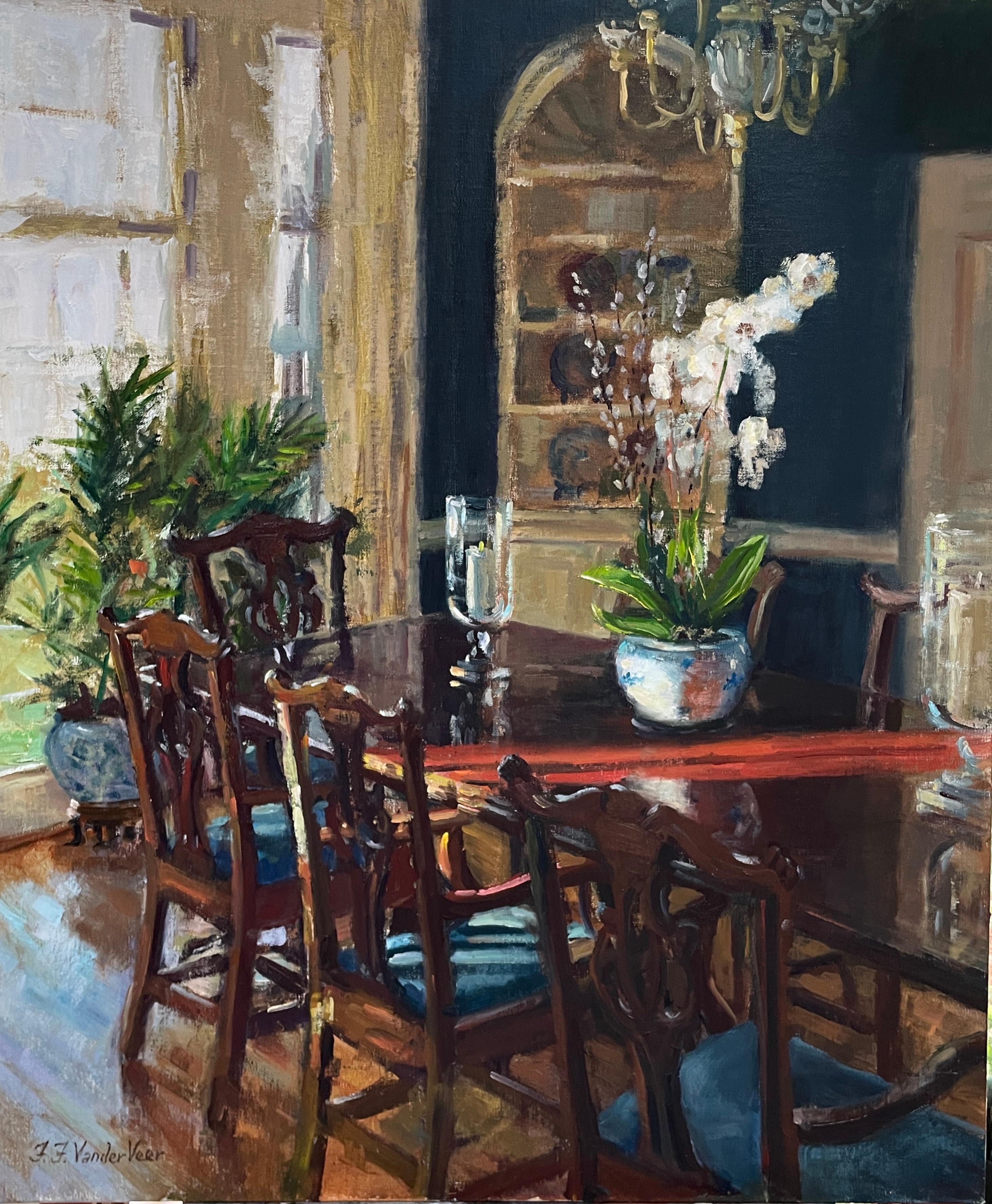 Faye Vander Veer Interior Painting – Früher Sonntag am Morgen, Ölgemälde