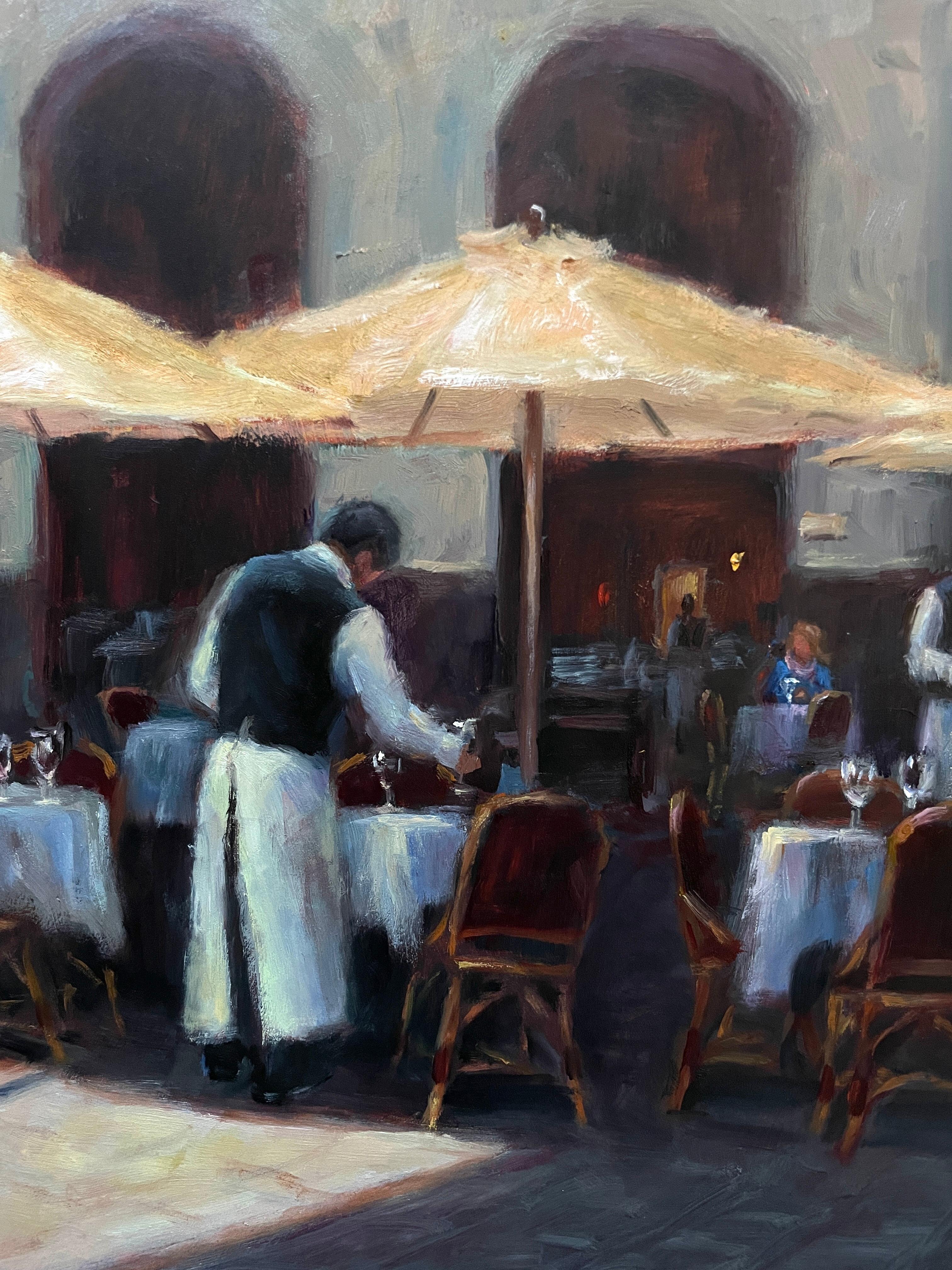 <p>Commentaires de l'artiste<br>L'artiste Faye Vander Veer dépeint une fin d'après-midi dans un café de Rome. Comprenant le design, la valeur et l'harmonie des couleurs, Faye les démontre avec une attention particulière aux détails. 