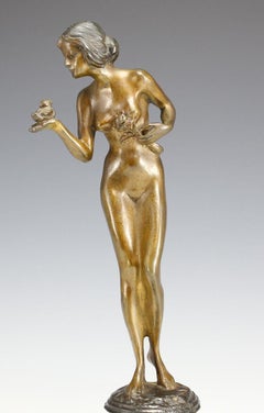 Fayral Art Deco Bronze “Nude Girl with Bird” Sculpture on Stone Base, Signed.