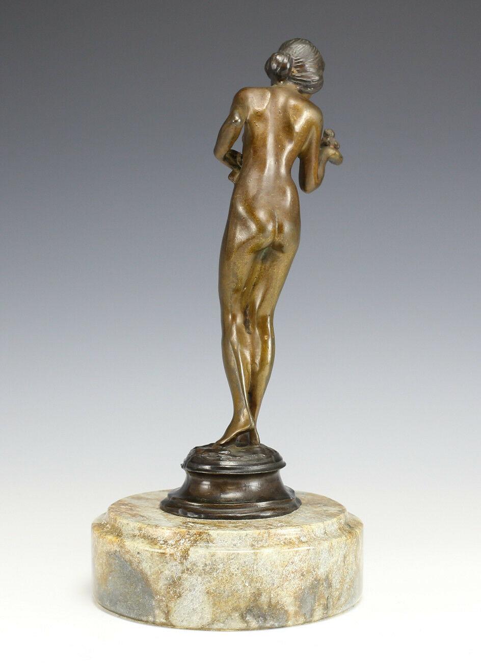 Fayral Art Deco Bronze “Nude Girl with Bird” Sculpture on Stone Base, Signed. In Good Condition For Sale In Gardena, CA