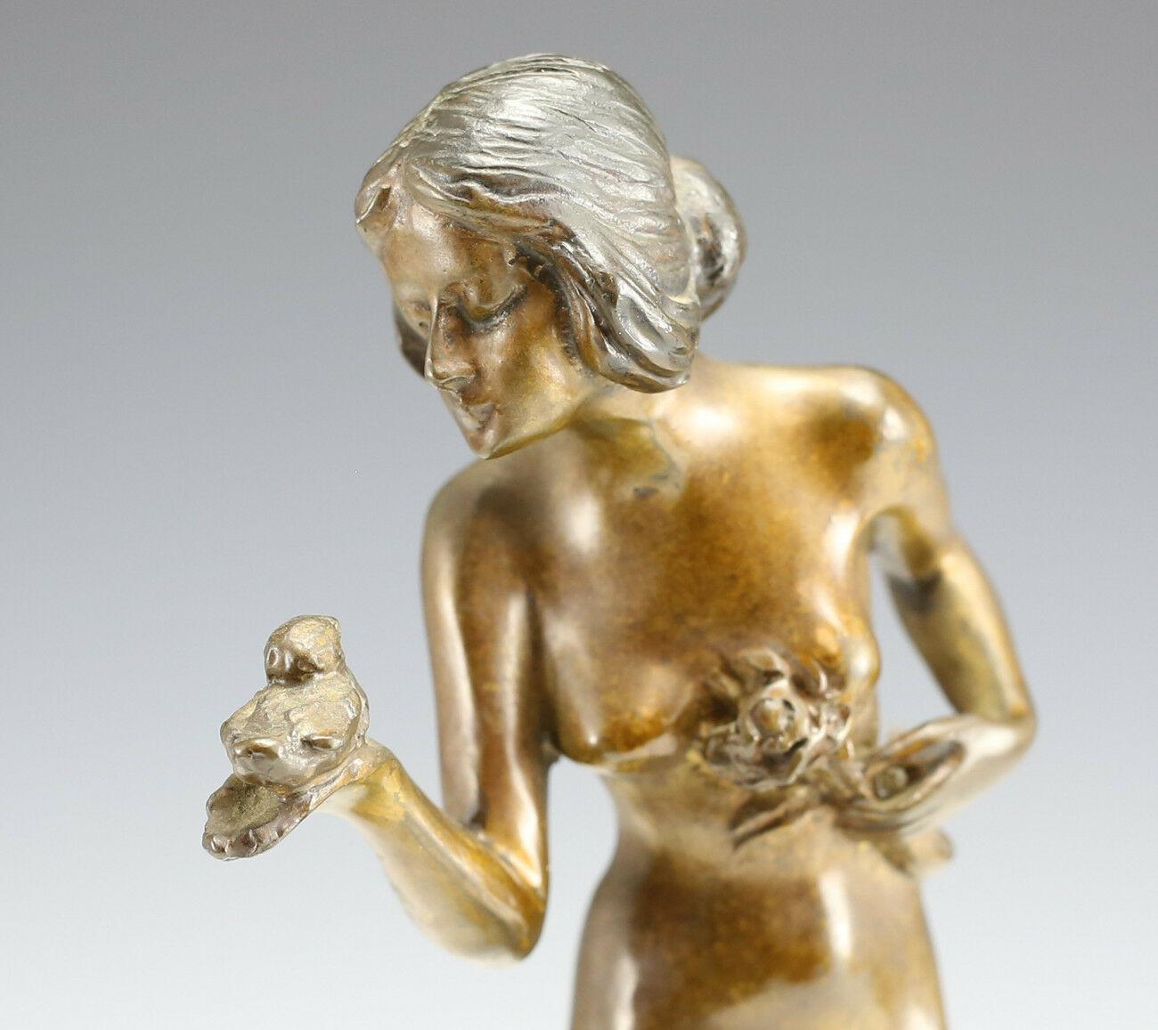20th Century Fayral Art Deco Bronze “Nude Girl with Bird” Sculpture on Stone Base, Signed. For Sale