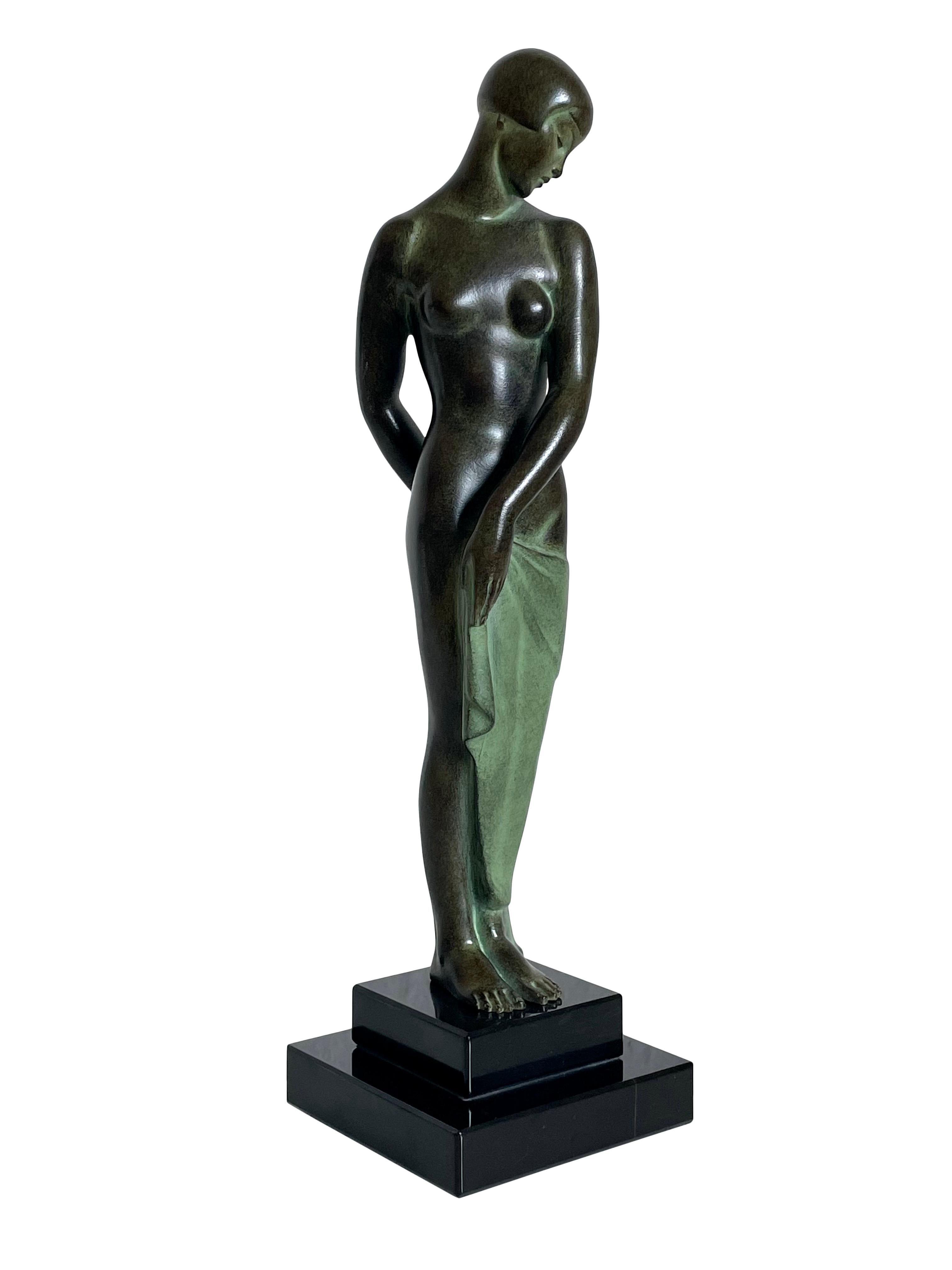 Patinated Fayral Art Deco Dancer Sculpture Ondine by Pierre Le Faguays and Max Le Verrier