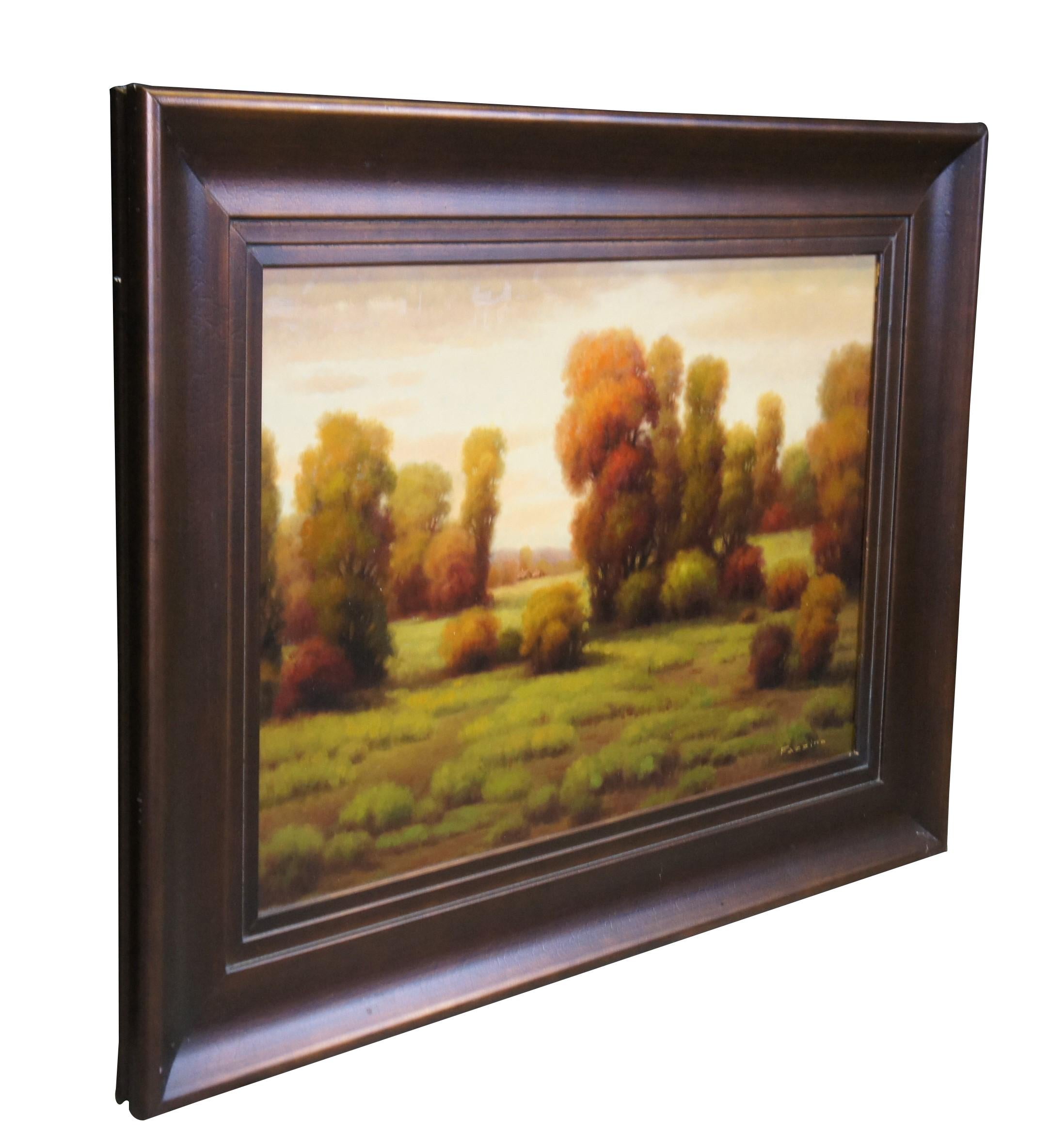 Large vintage oil painting on canvas featuring an impressionist countryside Autumn pastoral landscape.  Framed in gold.

Dimensions:
35.5