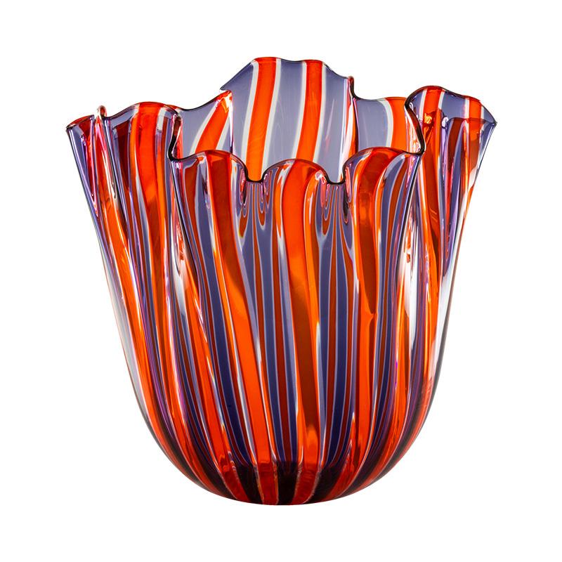 Fazzoletto a Canne Large Vase in Indigo, Orange, Crystal by Fulvio Bianconi