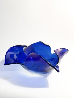 Centre de table Fazzoletto en verre de Murano bleu et or de Seguso Viro des années 90