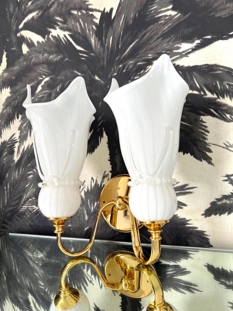 Fazzoletto Double Sconce in White Murano Glass with Gold Plated Frame, c. 1980 For Sale 6