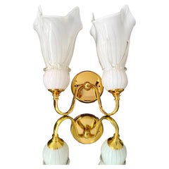 Fazzoletto Double Sconce in White Murano Glass with Gold Plated Frame, c. 1980