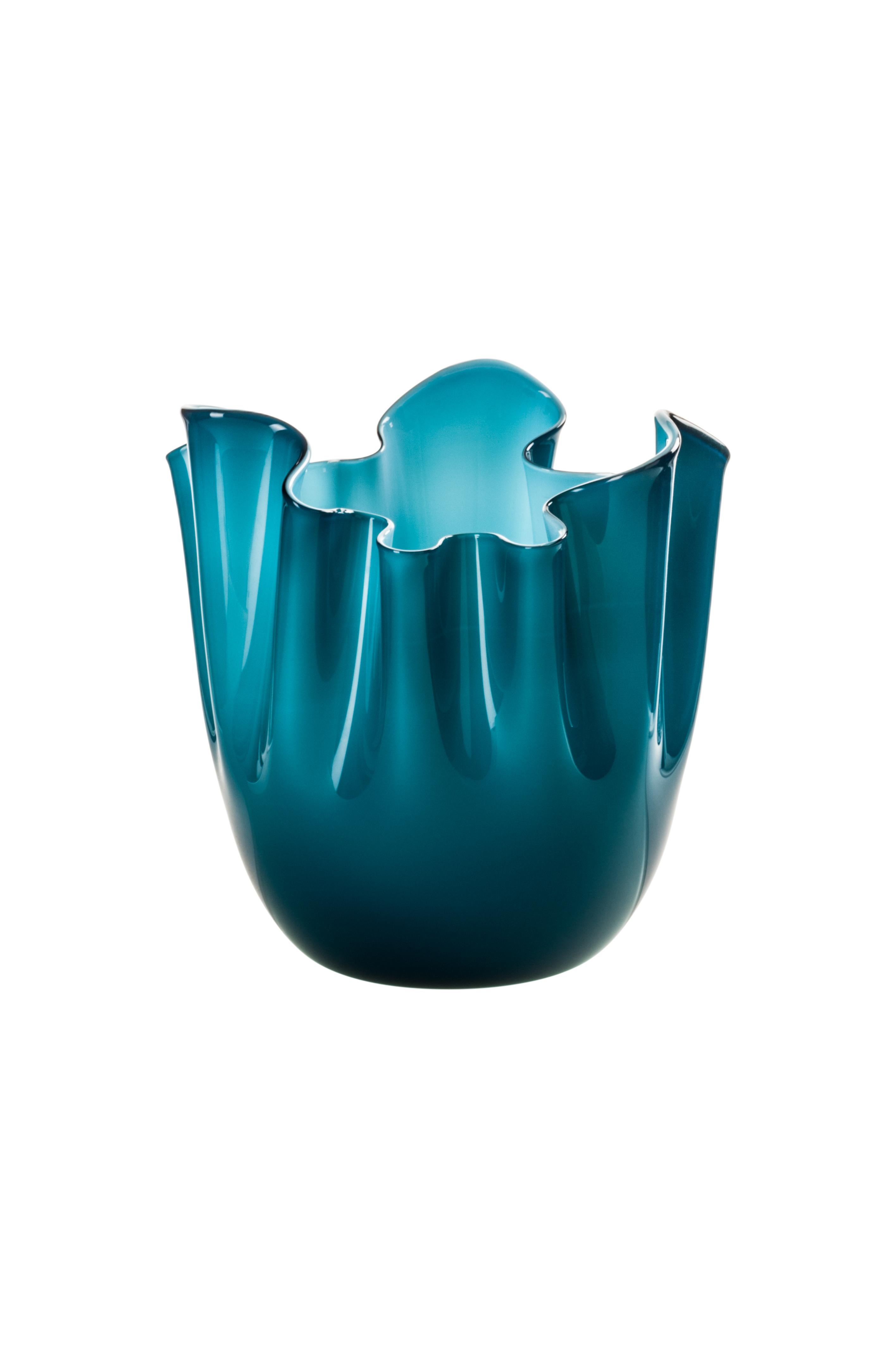 Venini glass vase with pinched rim in aquamarine and mint designed by Fulvio Bianconi and Paolo Venini in 1948. Perfect for indoor home decor as container, vide-poche or statement piece for any room. Also available in other colors on
