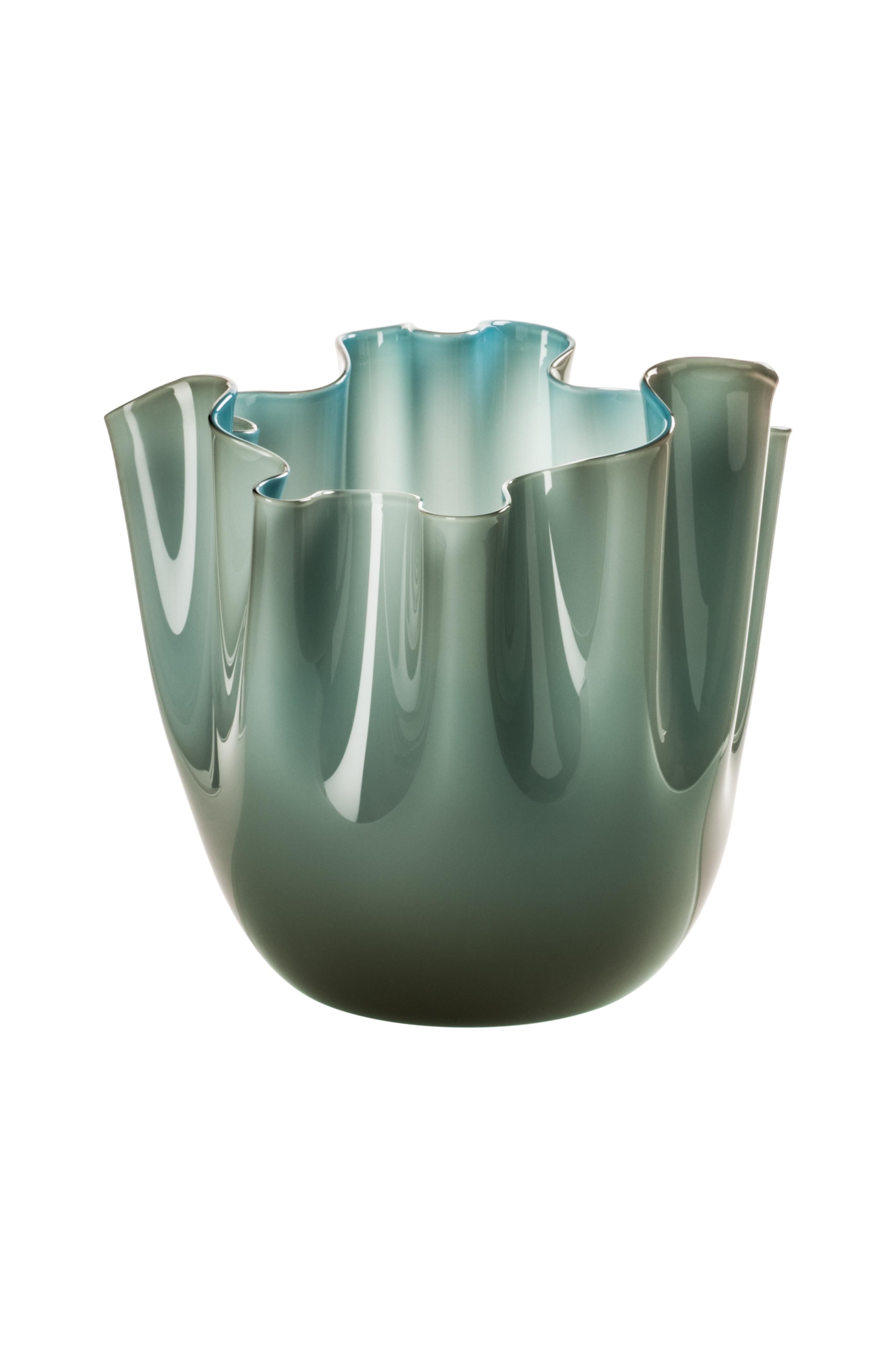 Venini glass vase with pinched rim in grey and aquamarine designed by Fulvio Bianconi and Paolo Venini in 1948. Perfect for indoor home decor as container, vide-poche or statement piece for any room. Also available in other colors on