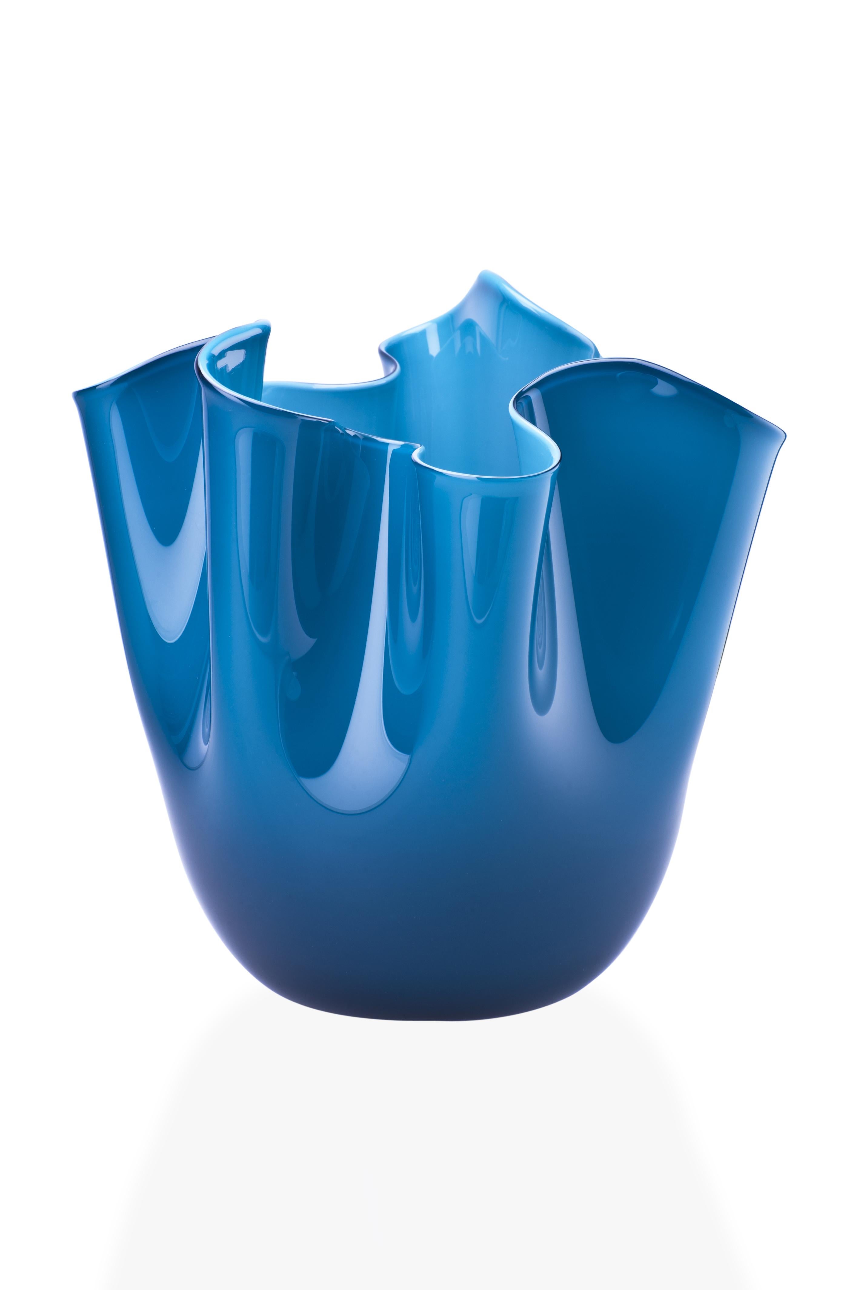 Venini glass vase with pinched rim in horizon and aquamarine designed by Fulvio Bianconi and Paolo Venini in 1948. Perfect for indoor home decor as container, vide-poche or statement piece for any room. Also available in other colors on