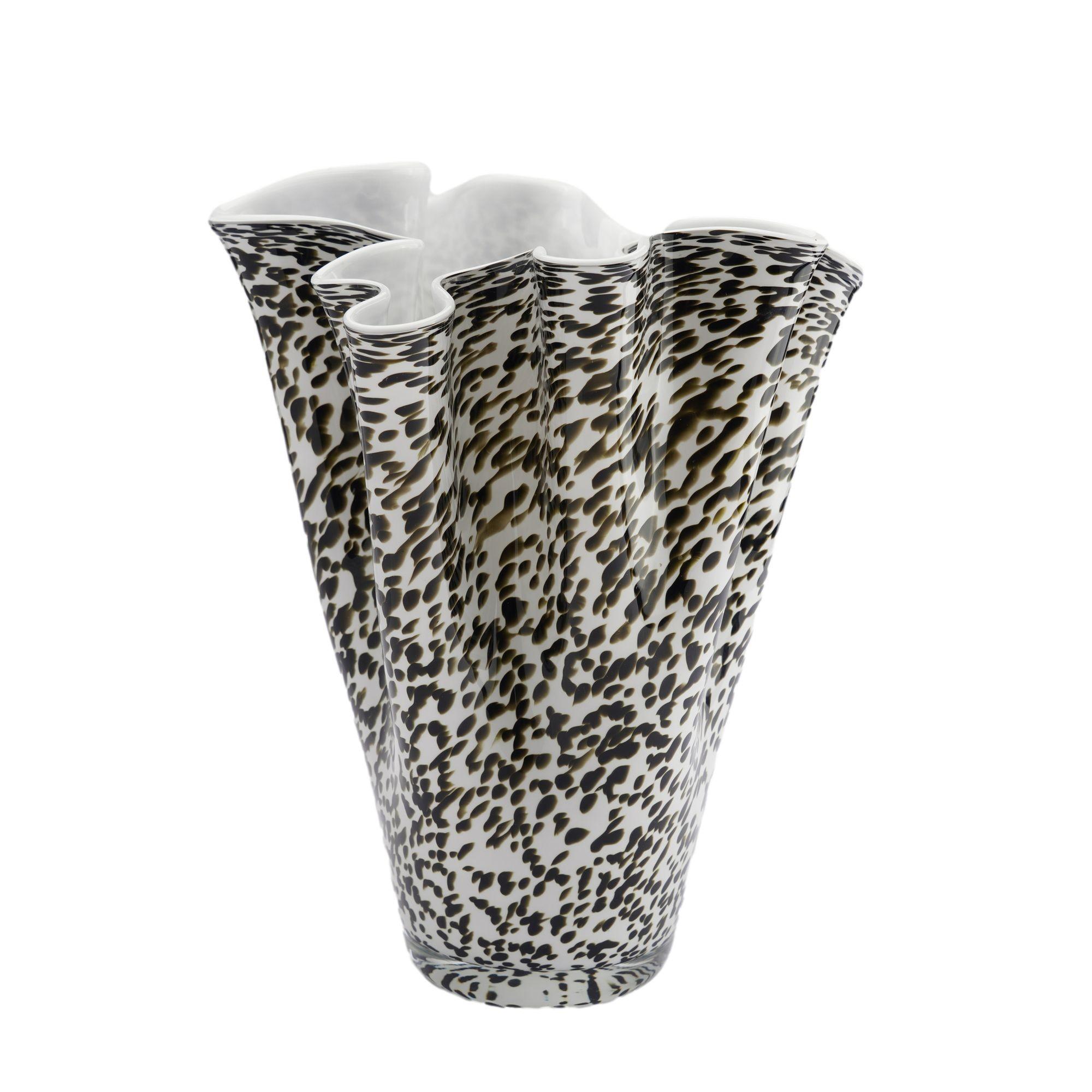 Hand blown dark olive and white mottled glass Fazzoletto handkerchief vase with cut and polished pontil.
Murano, Italy, mid 20th century.