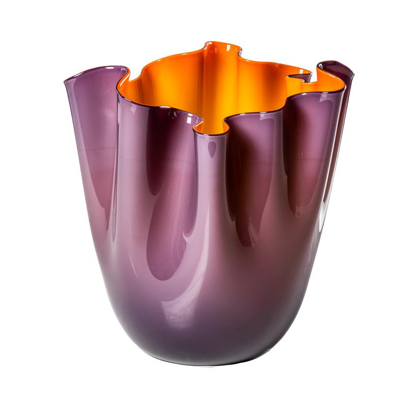 Vaso di vetro grande Fazzoletto Opalino in Indaco/Arancione di Fulvio Bianconi & Venini