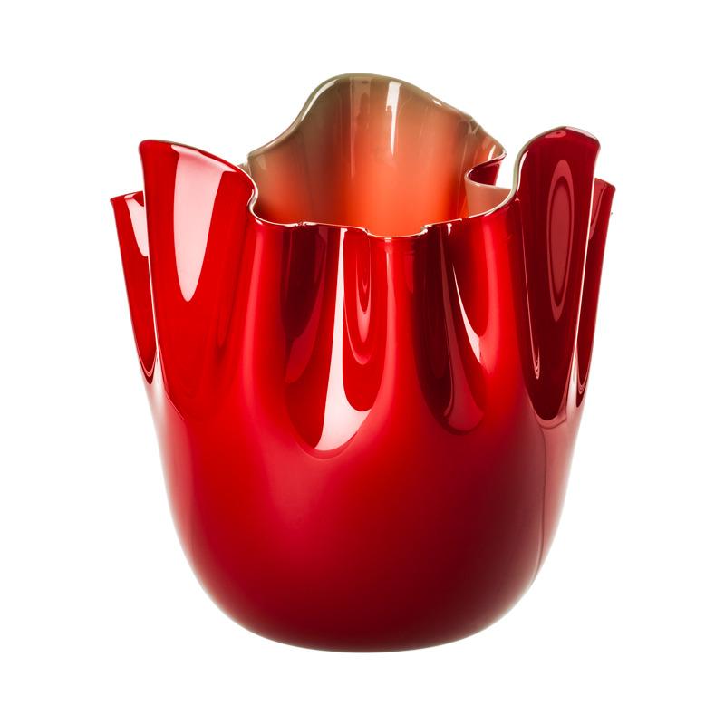 Fazzoletto Opalino Large Glass Vase in Red/Apple Green Inside by Fulvio Bianconi For Sale