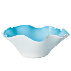 Fazzoletto Oval Glass Bowl in Milk-White and Aquamarine by Venini