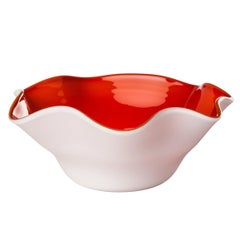 Fazzoletto Oval Glass Bowl in Milk-White and Red by Venini