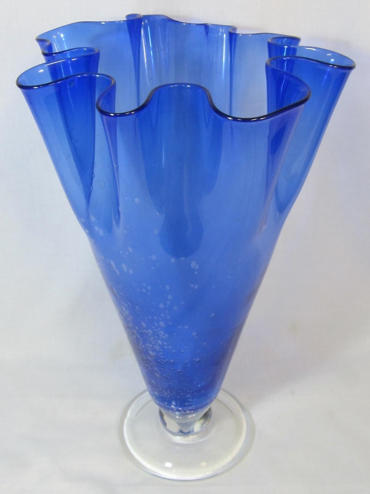Blue art glass Fazzoletto / Venini style handkerchief vase. 
Measures: 29 x 43 cm high.
Our eclectic stock crosses cultures, continents, styles and famous names.
  