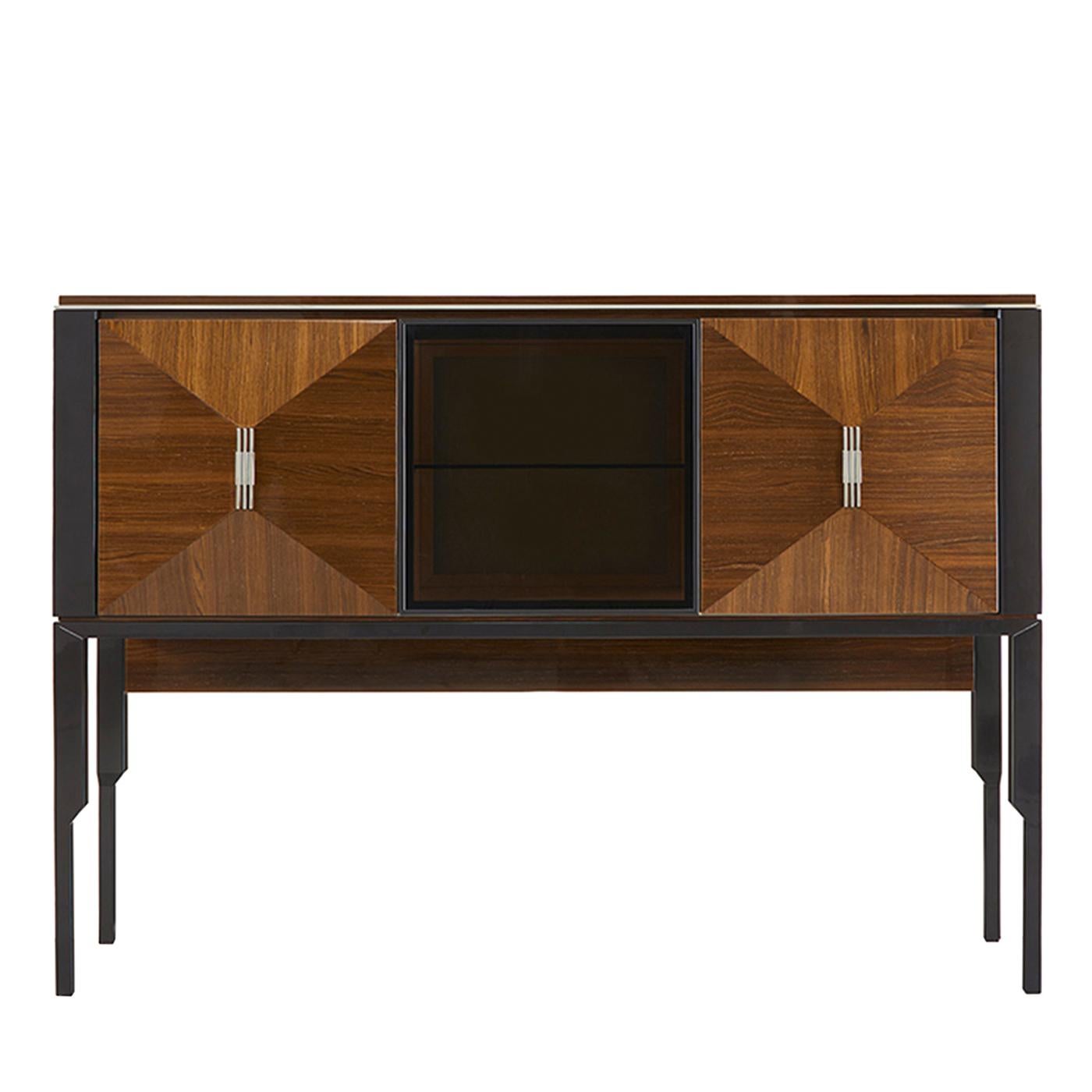 This elegant bar unit has two wooden doors and a glass one, with metal trims and lacquered legs. Wooden shelves and push pull opening complete the design. Canaletto glossy finish and Testa di Moro glossy lacquered frame finish are combined with