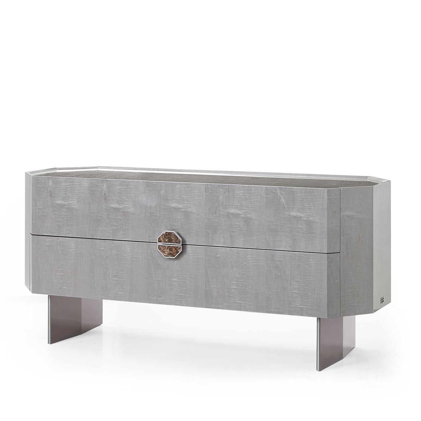 Chest ok 2 drawers with wooden top, metal trims and lacquered feet, open with handle - Lupo glossy finish, Emperador Dark marble handle, Nickel metal.
