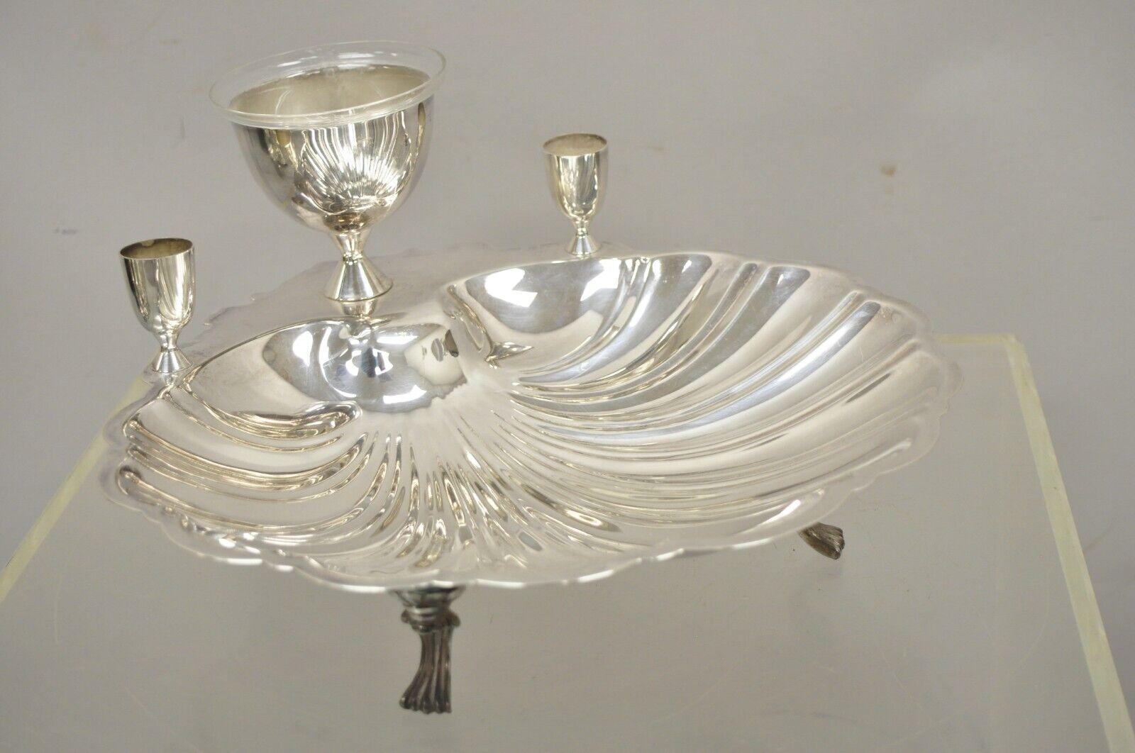 F.B. Rogers Silver Co. 1828 silver plate Regency Style Shrimp & Clam Shell Serving Dish Bowl. Item features removable glass bowl liner, scalloped shell form, raised on feet, original stamp, very nice vintage item, quality craftsmanship. Circa early