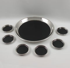 F.B. Rogers Silver Plate and Black Bakelite Barware Tray and Six Coasters