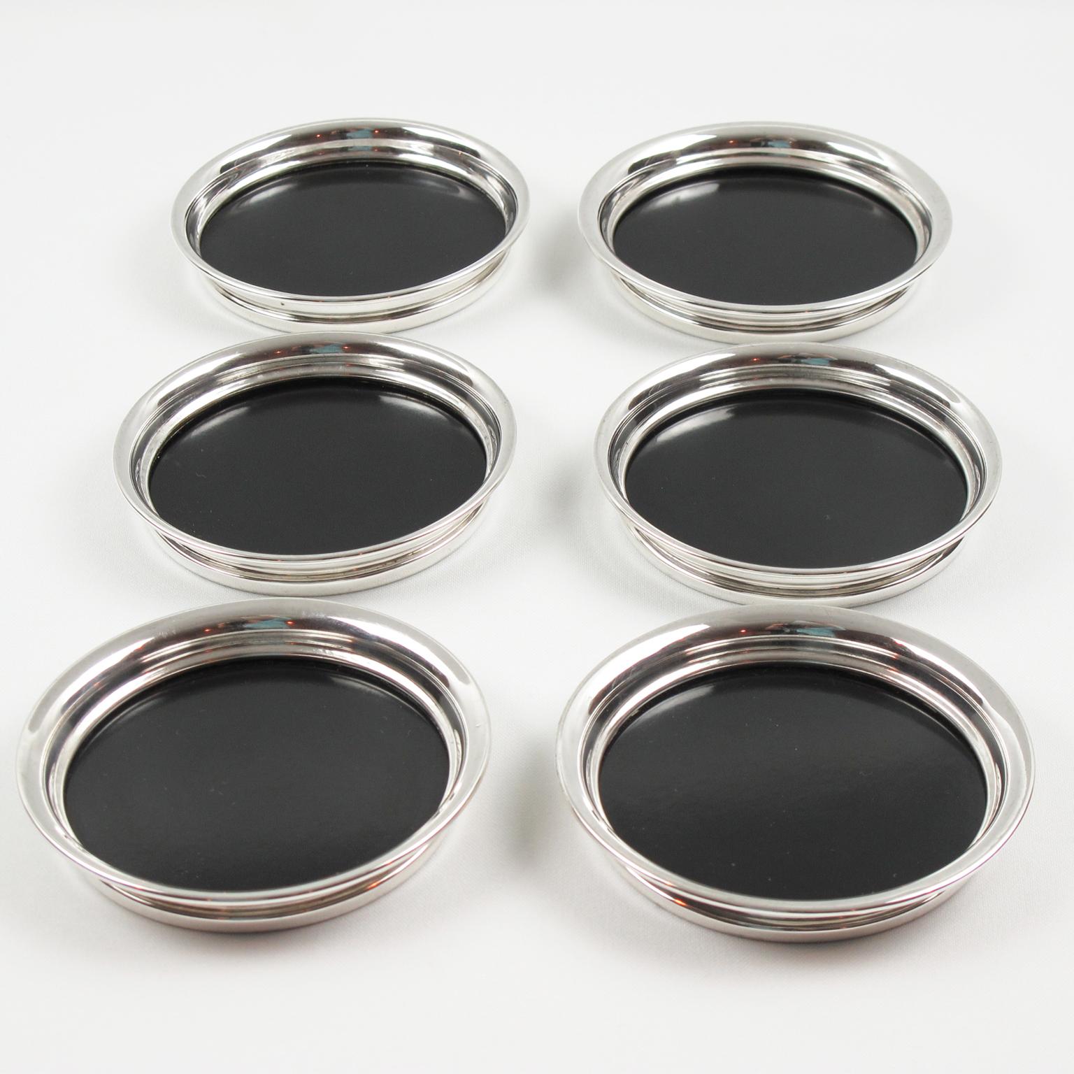 F.B. Rogers Silver Plate and Black Bakelite Barware Tray and Six Coasters  In Good Condition In Atlanta, GA