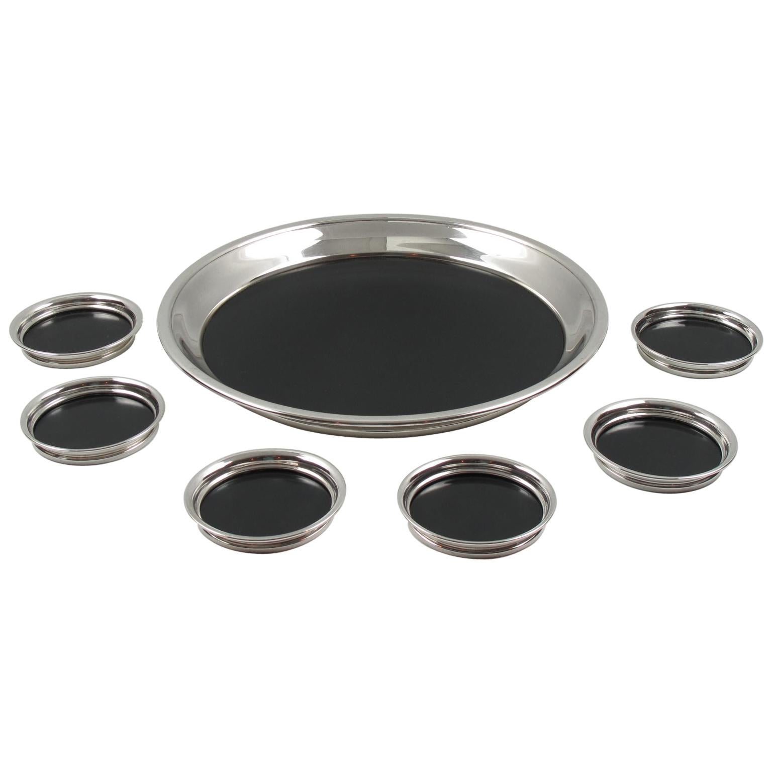 F.B. Rogers Silver Plate and Black Bakelite Barware Tray and Six Coasters  at 1stDibs