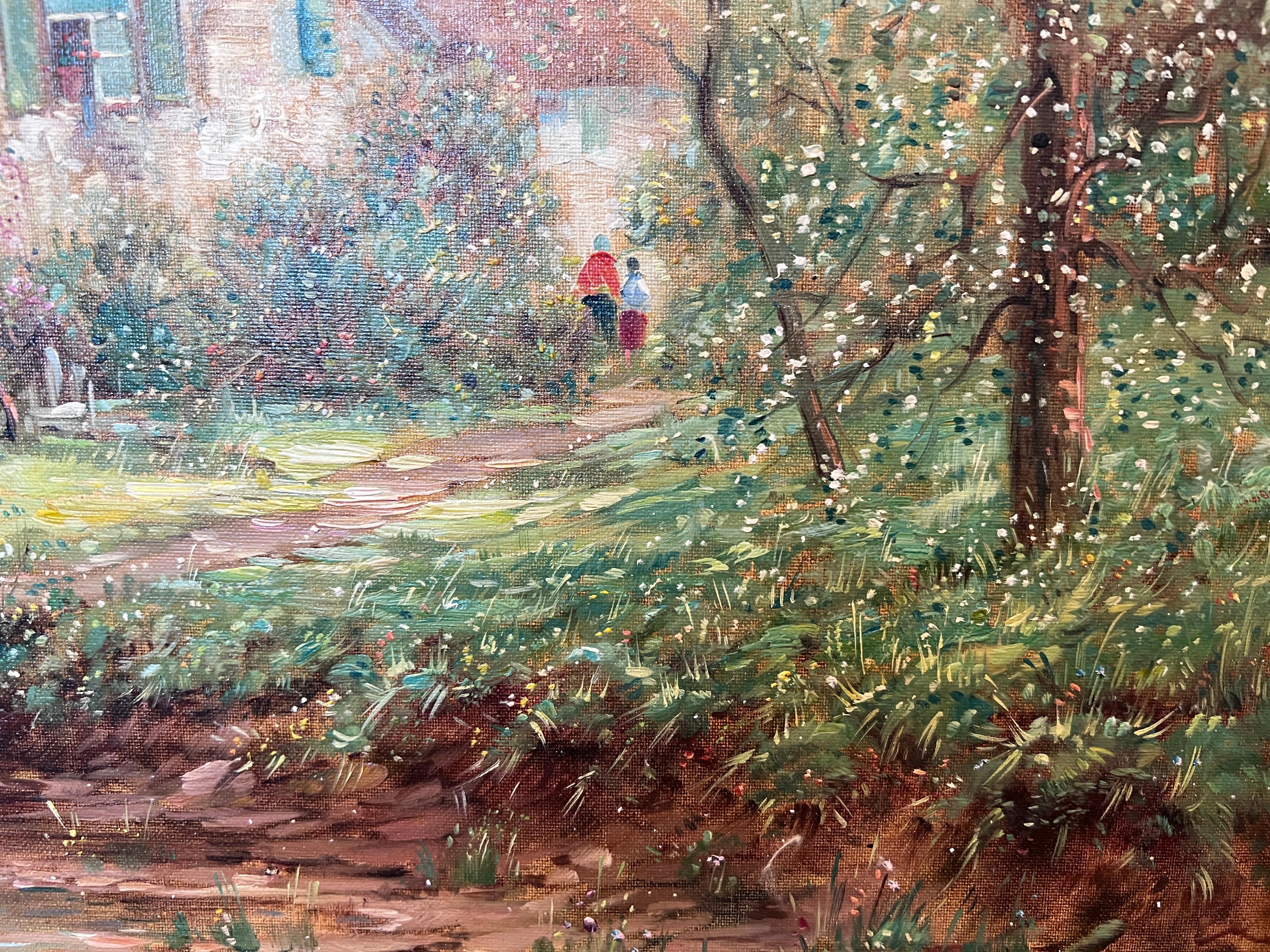 F. Berthy Vintage Landschaft Ölgemälde Frühling Landhaus Szene gerahmt Kunst im Angebot 6