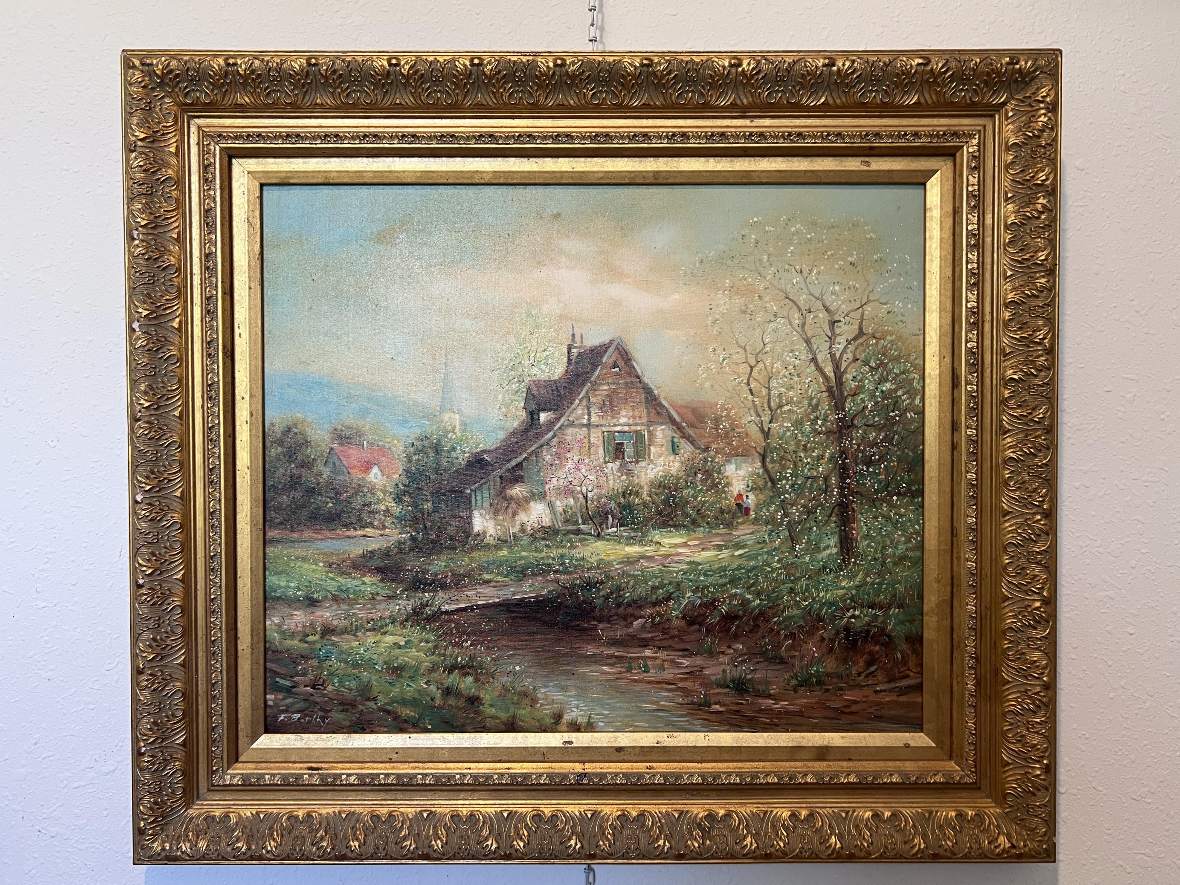 F. Berthy Vintage Landschaft Ölgemälde Frühling Landhaus Szene gerahmt Kunst – Painting von F.Berthy