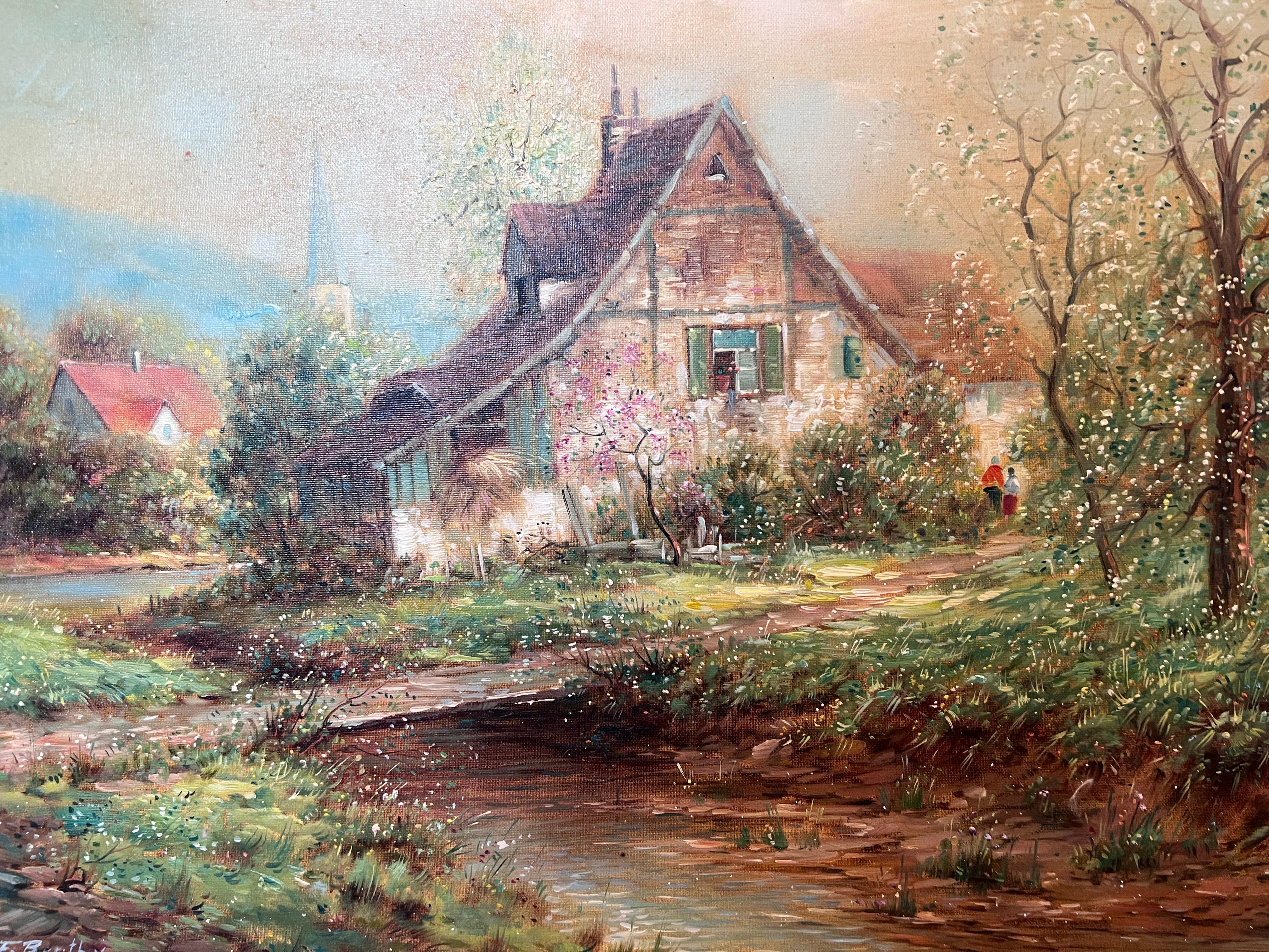 F. Berthy Vintage Landschaft Ölgemälde Frühling Landhaus Szene gerahmt Kunst (Impressionismus), Painting, von F.Berthy