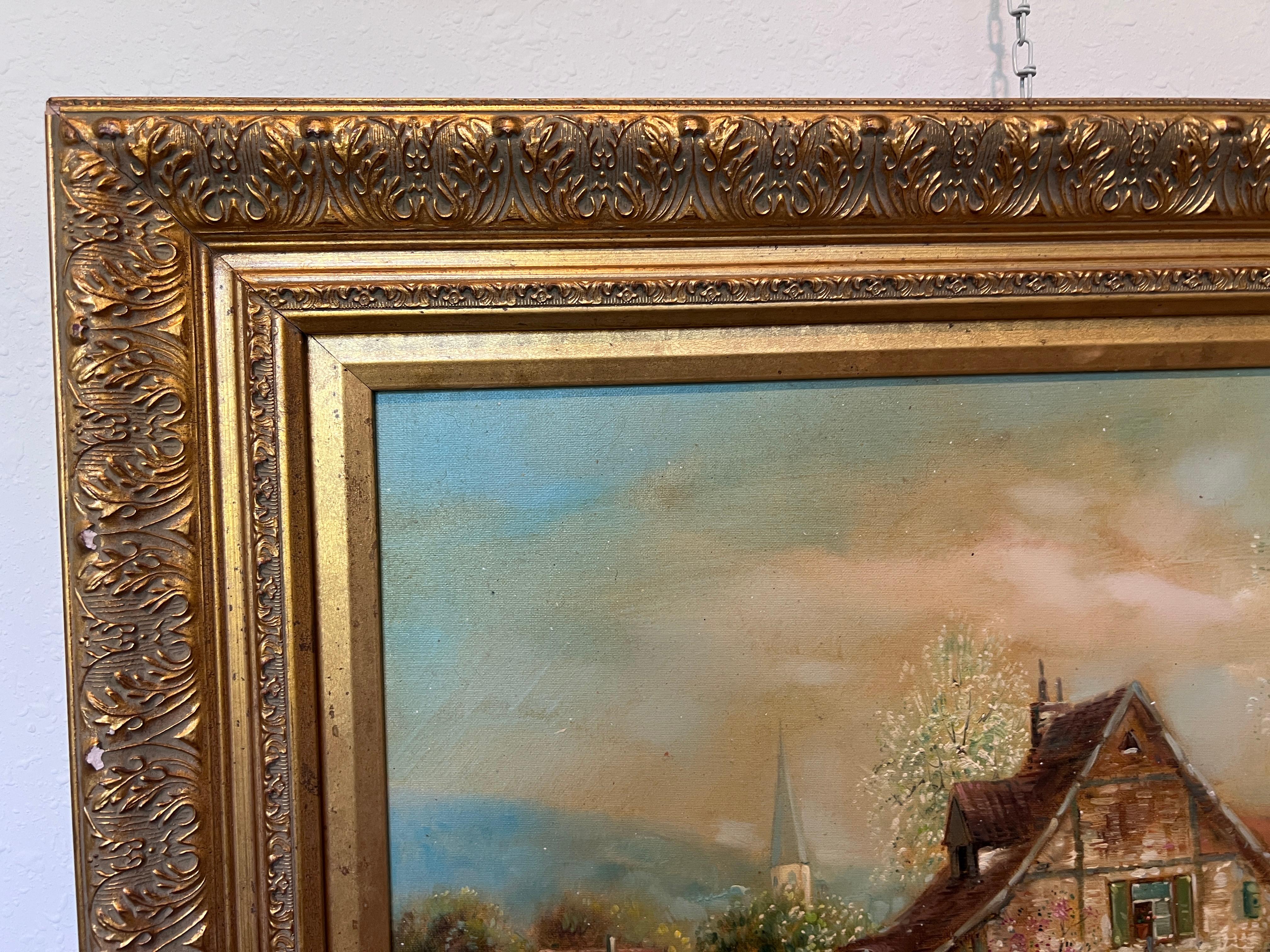 Ein charmantes Vintage-Ölgemälde auf Leinwand, signiert F. Berthy, das eine heitere Frühlingsszene auf dem Lande mit einem rustikalen Häuschen inmitten blühender Bäume und üppigen Grüns zeigt. Ein kleiner Bach schlängelt sich sanft durch die