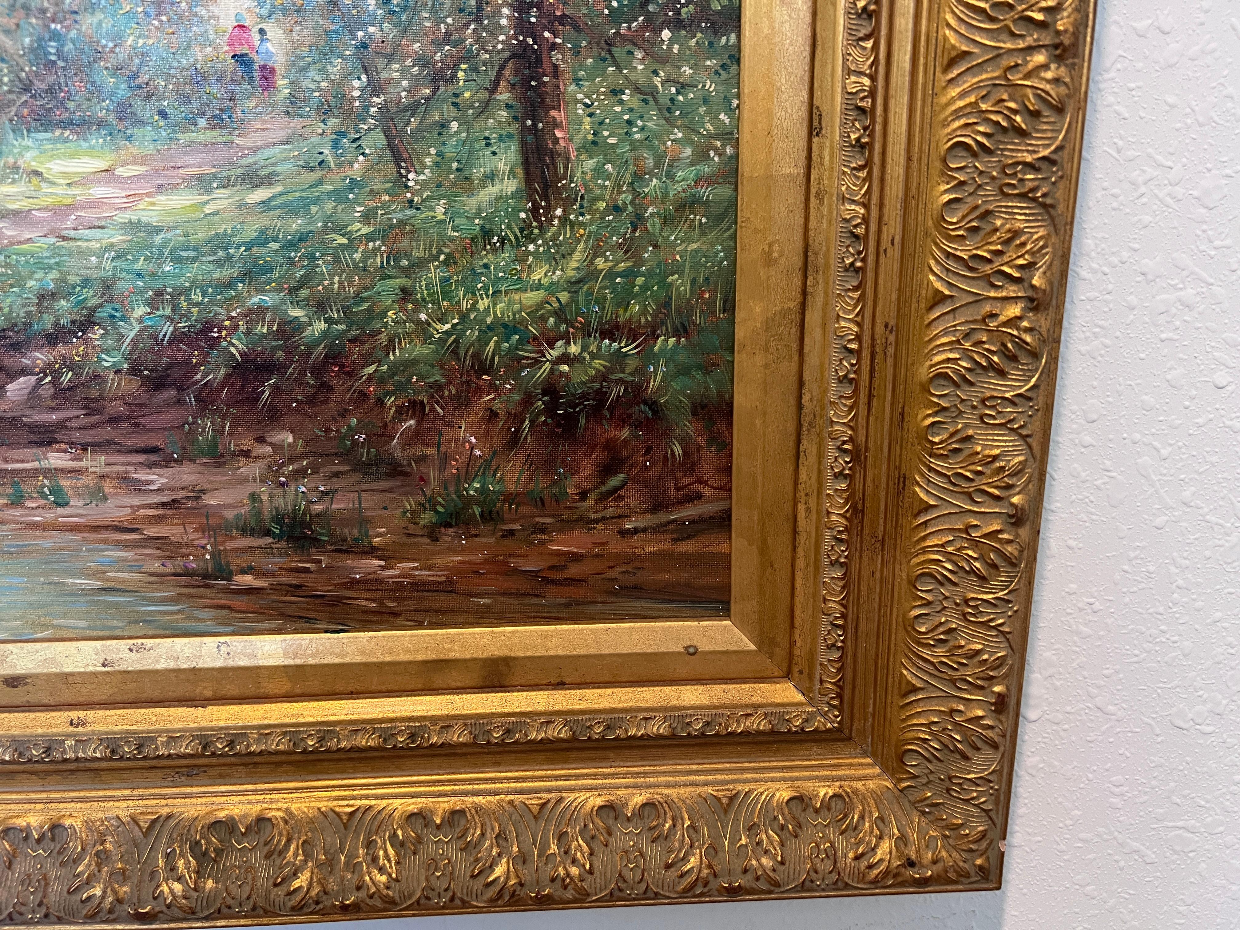 F. Berthy Vintage Landschaft Ölgemälde Frühling Landhaus Szene gerahmt Kunst im Angebot 2