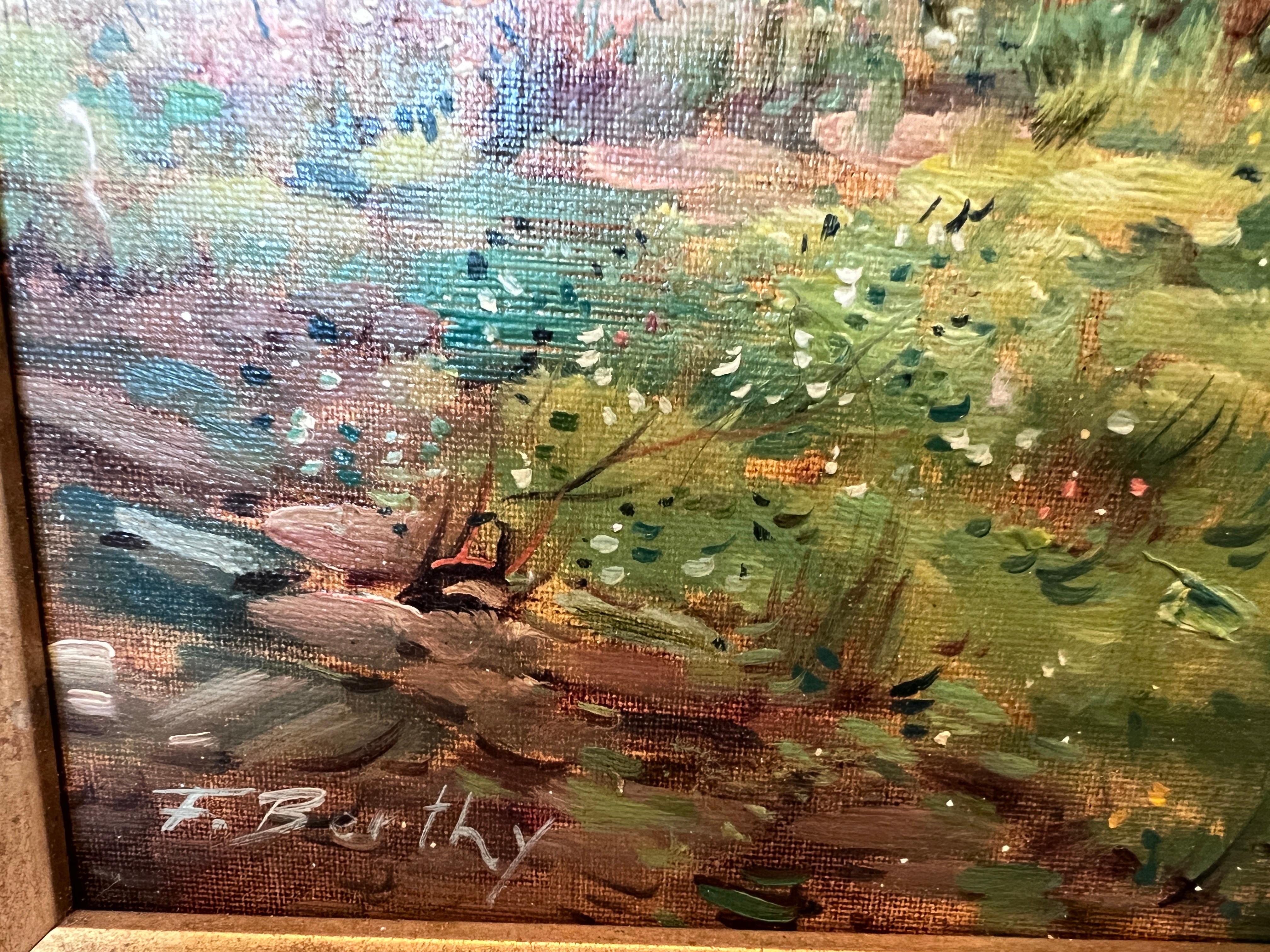 F. Berthy Vintage Landschaft Ölgemälde Frühling Landhaus Szene gerahmt Kunst im Angebot 3