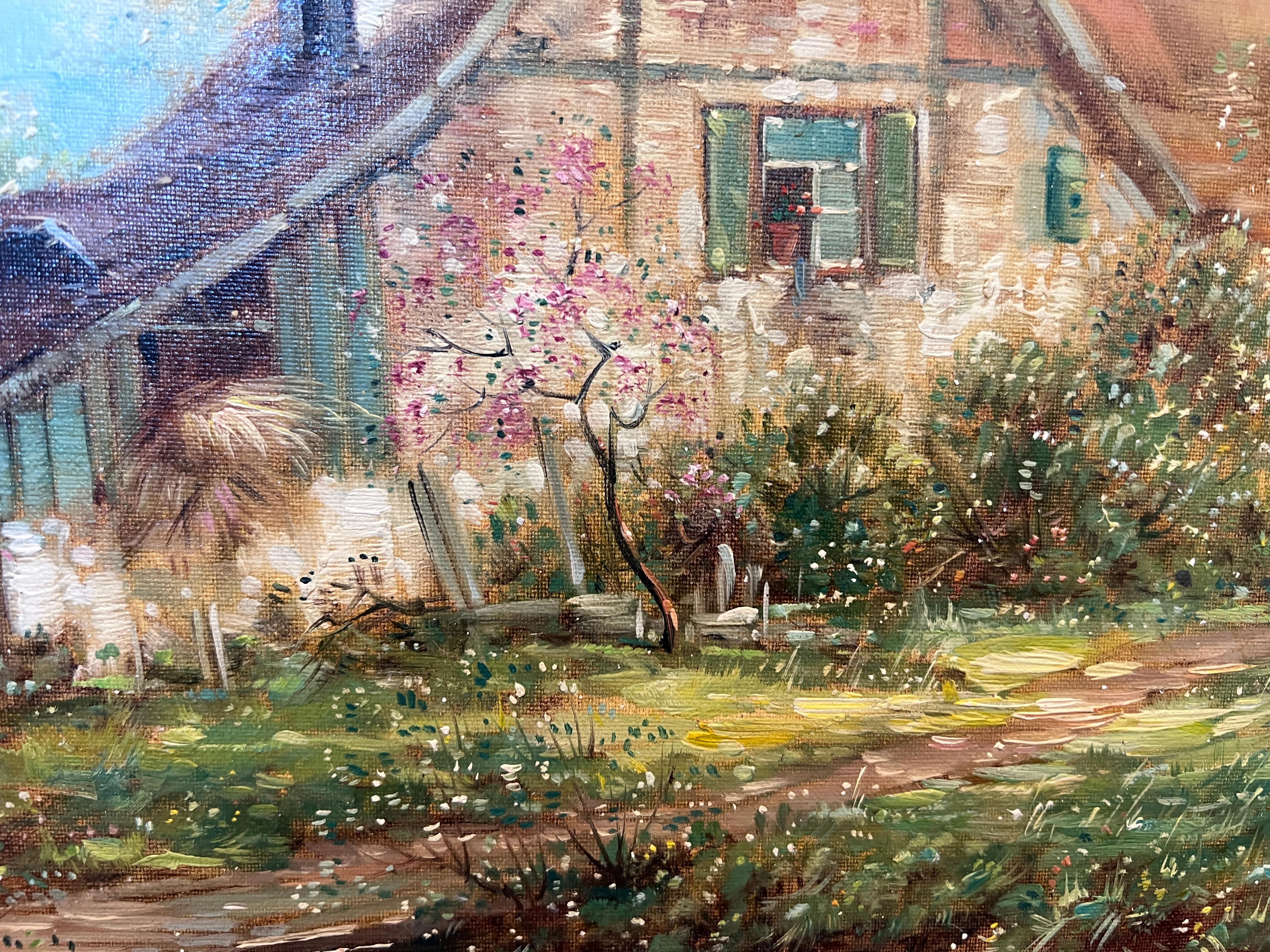 F. Berthy Vintage Landschaft Ölgemälde Frühling Landhaus Szene gerahmt Kunst im Angebot 4
