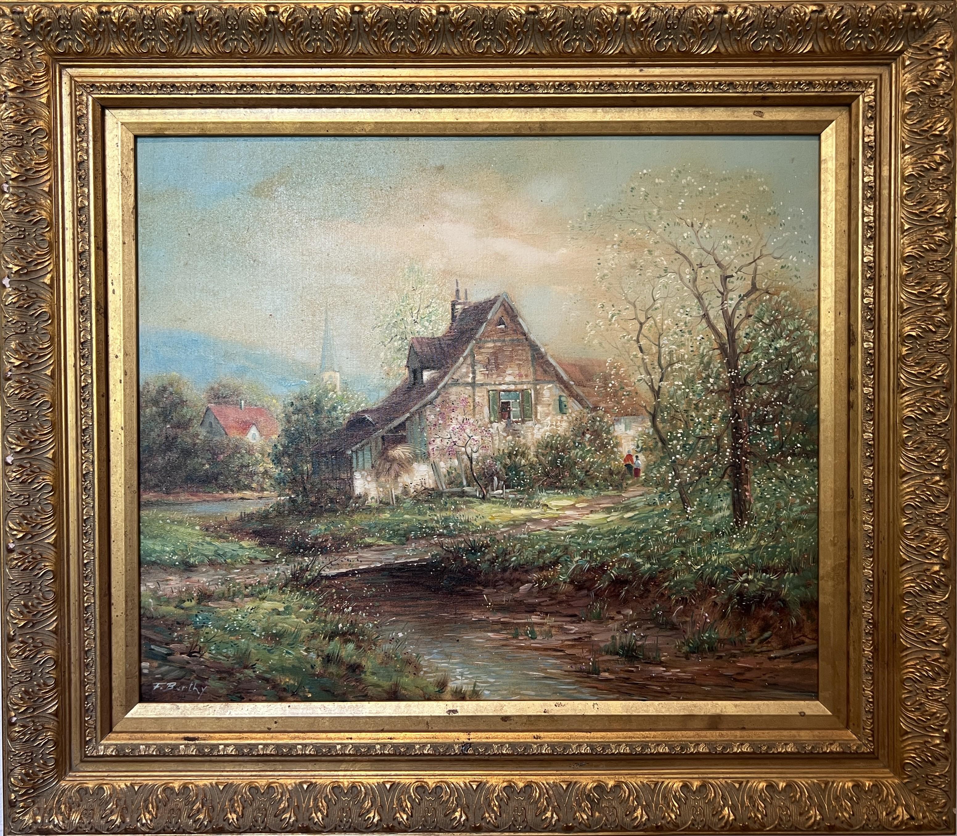 F. Berthy Vintage Landschaft Ölgemälde Frühling Landhaus Szene gerahmt Kunst