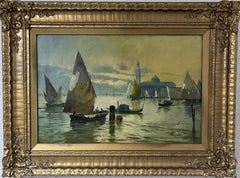 F.Black Large Antique original oil painting on canvas, Venice, Italy, Gold Frame