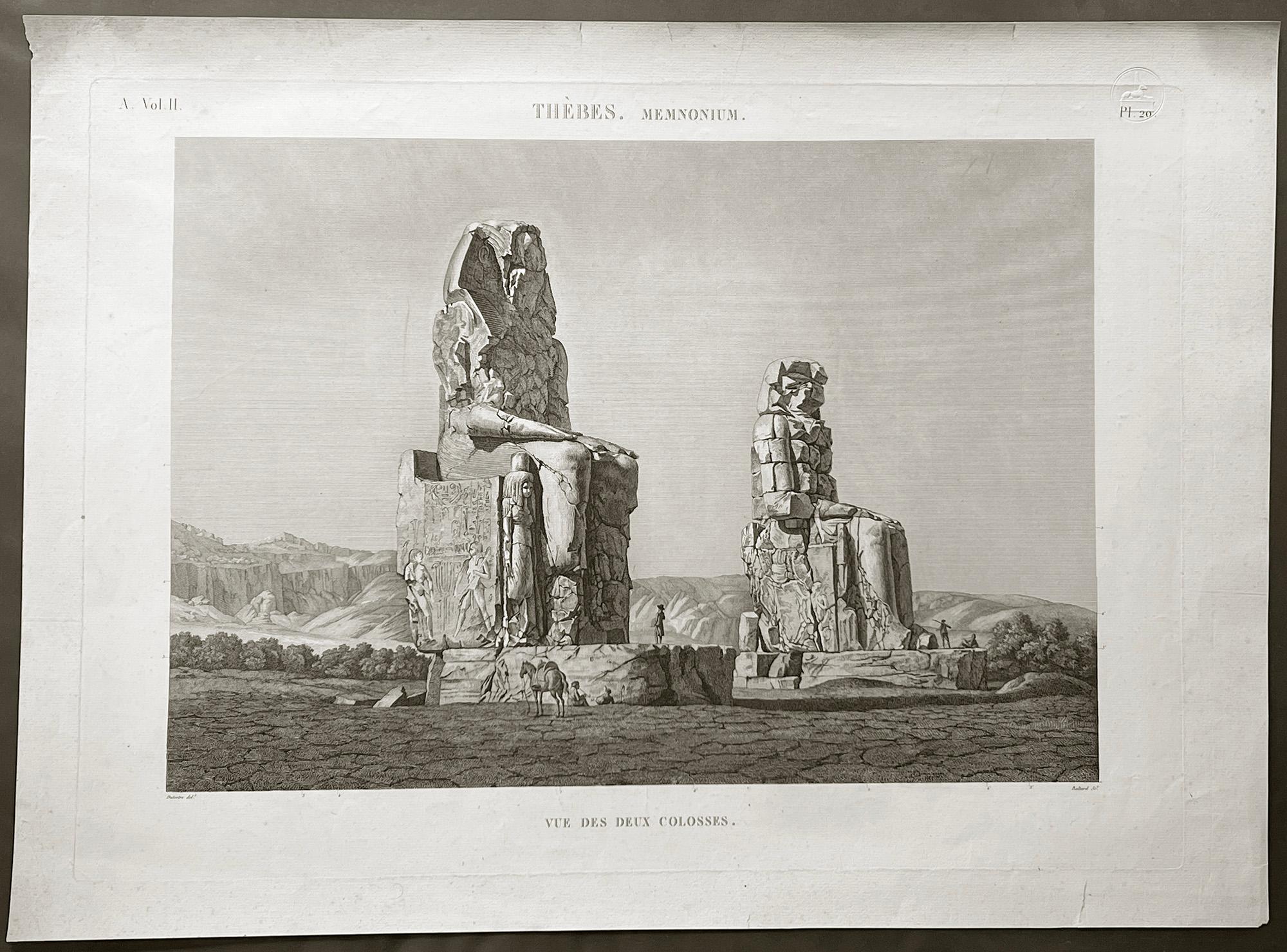 Colossi de Memnon, Thèbes, Égypte Gravure du début du XIXe siècle, 1820 - Print de FC Cecile