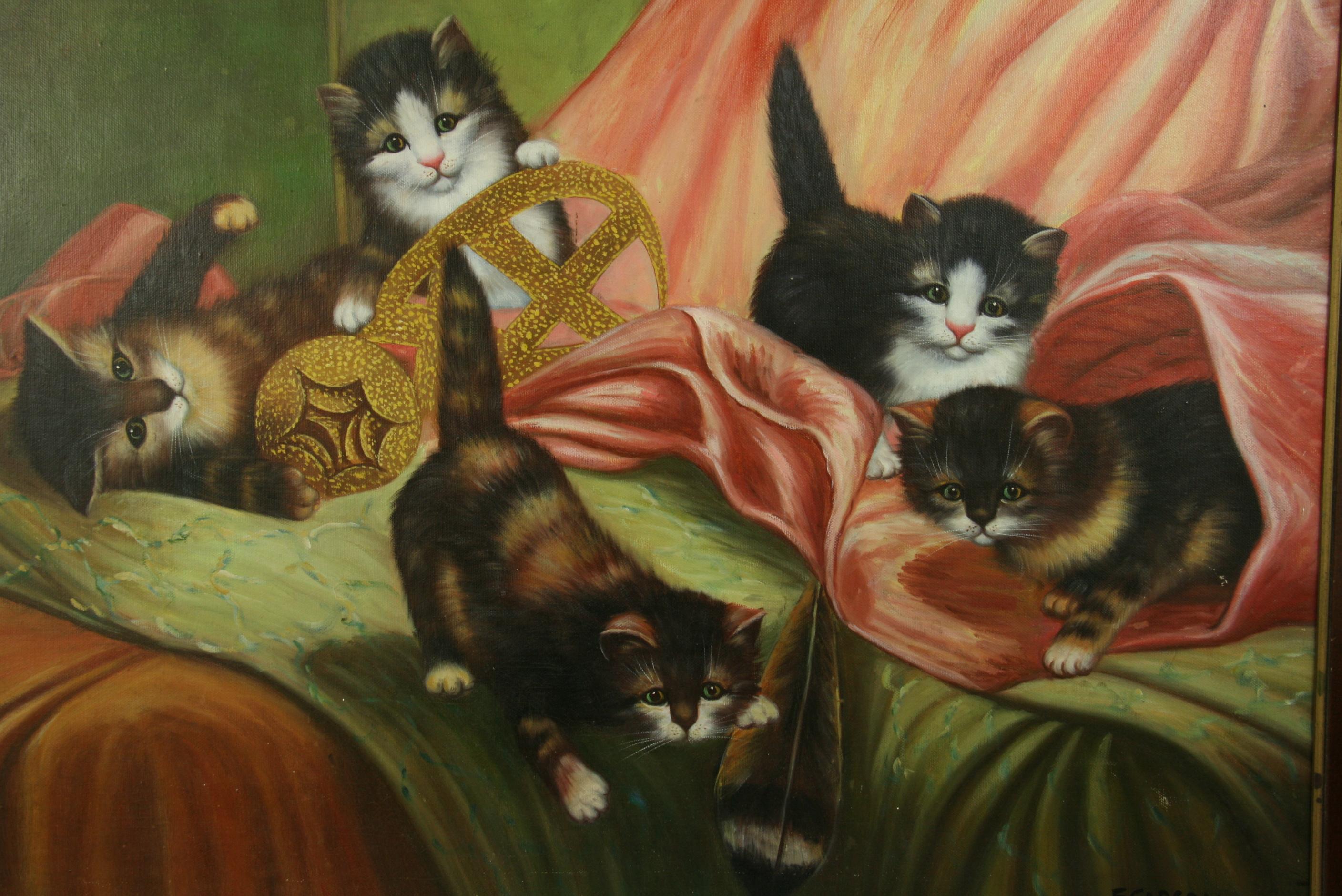 5-3745 Oil on canvas board of a litter of kittens frolicking on a sofa
