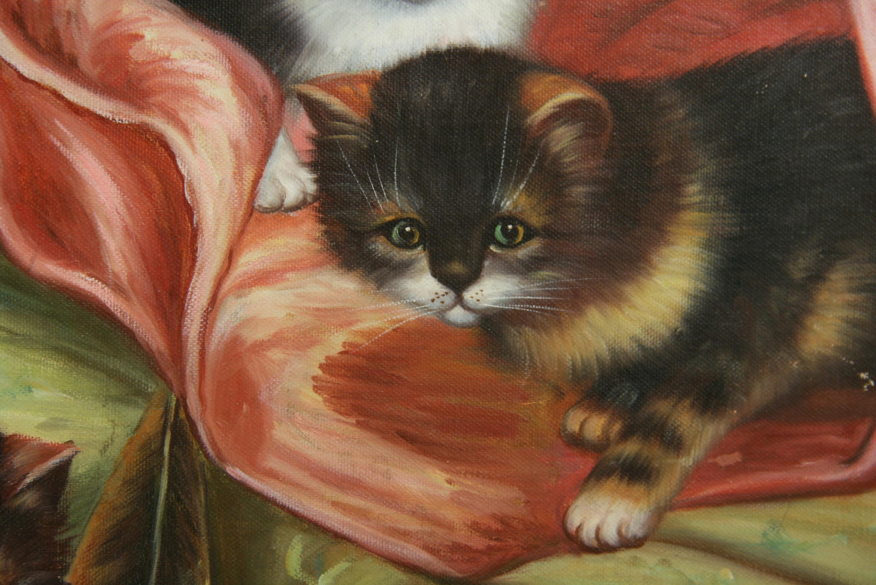 5-3745 Óleo sobre tabla de una camada de gatitos retozando en un sofá
