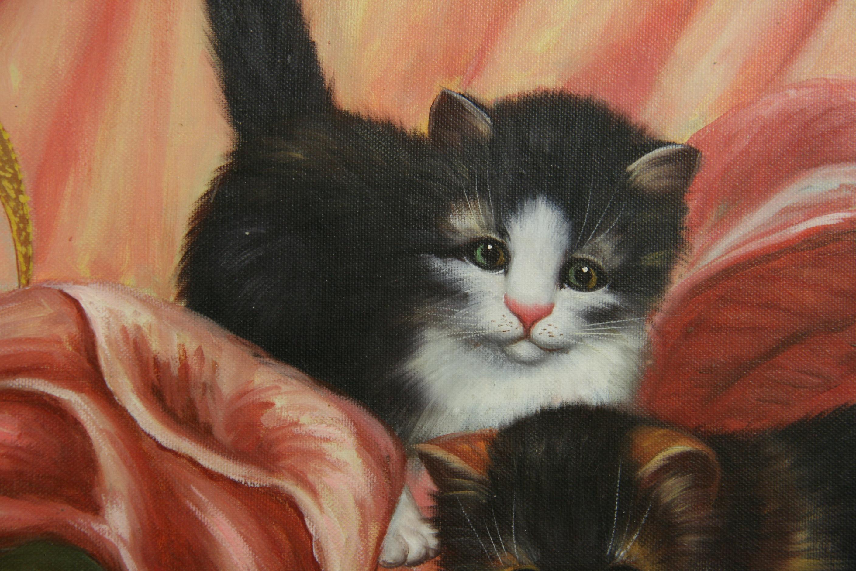 American Impressionist Litter of Kittens animal Painting 1965 For Sale 3