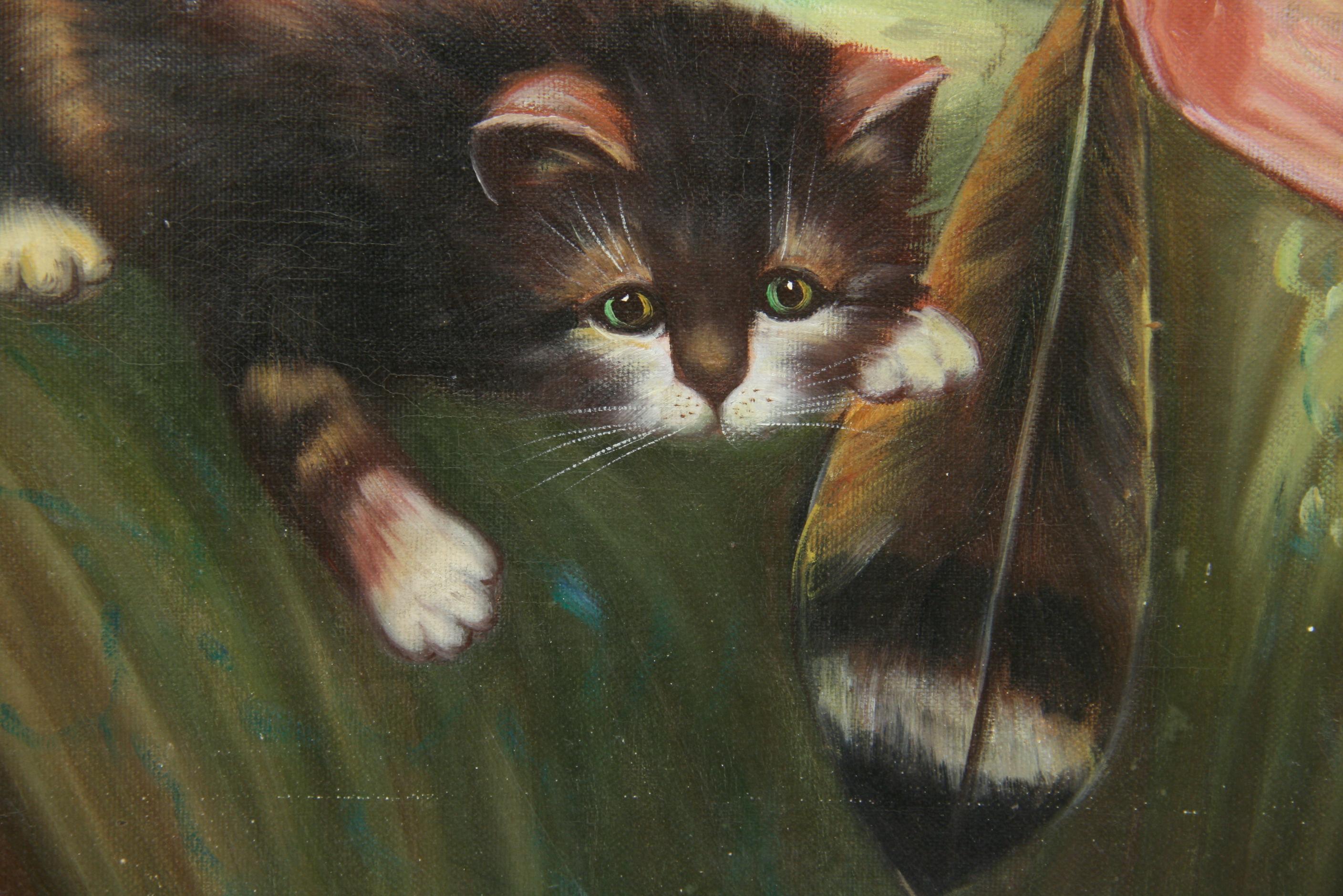 American Impressionist Litter of Kittens animal Painting 1965 For Sale 6