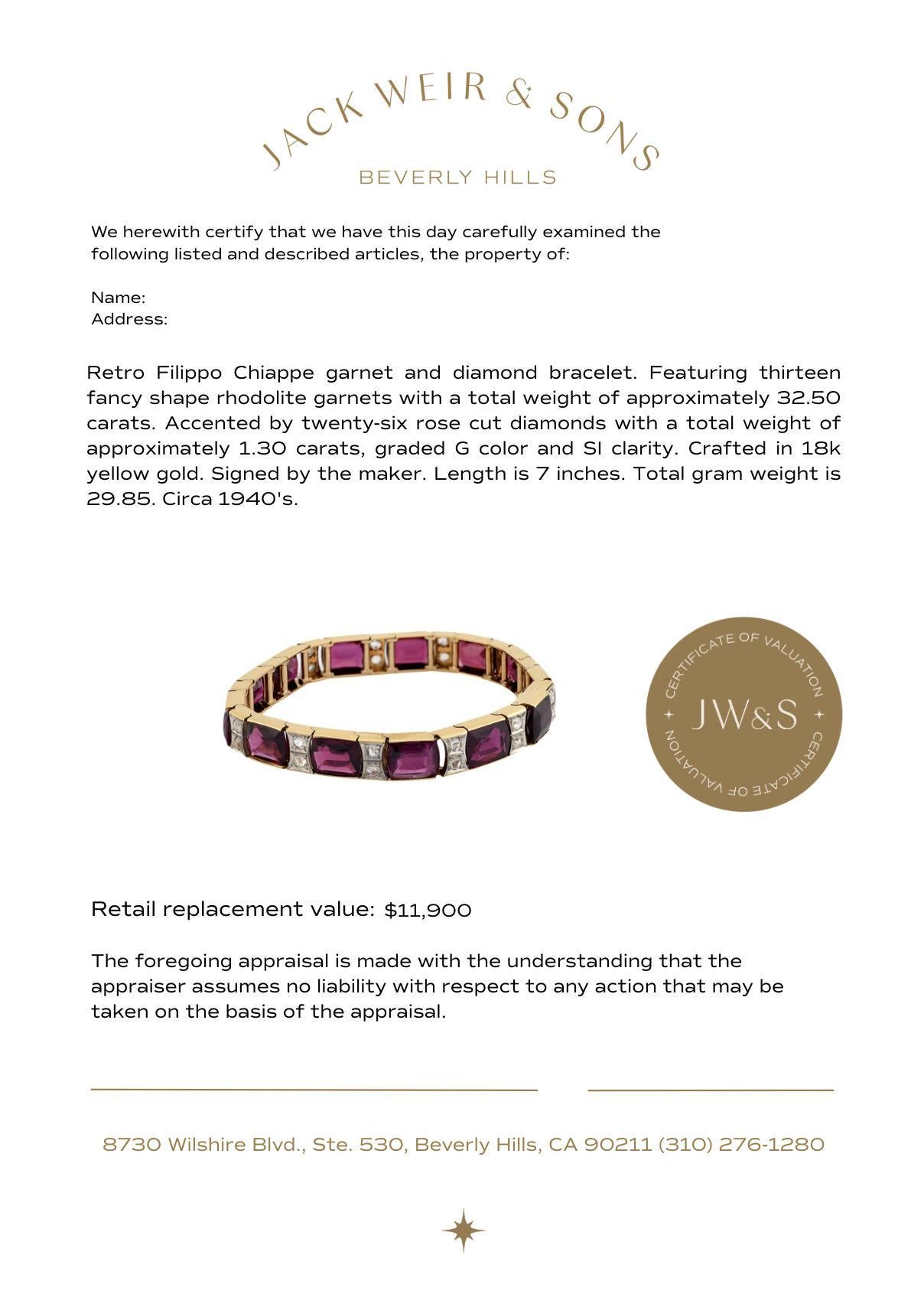 F.Chiappe Retro 32,50 Karat Rhodolith-Granat-Diamant 18k Gelbgold-Armband Damen im Angebot