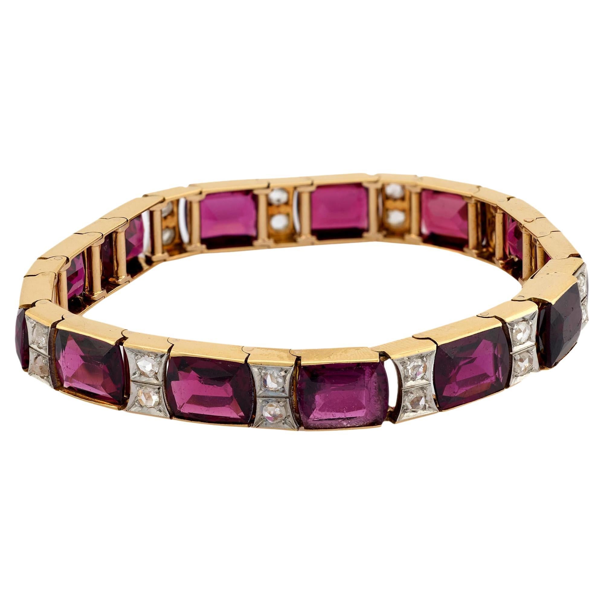 F.Chiappe Retro 32,50 Karat Rhodolith-Granat-Diamant 18k Gelbgold-Armband im Angebot