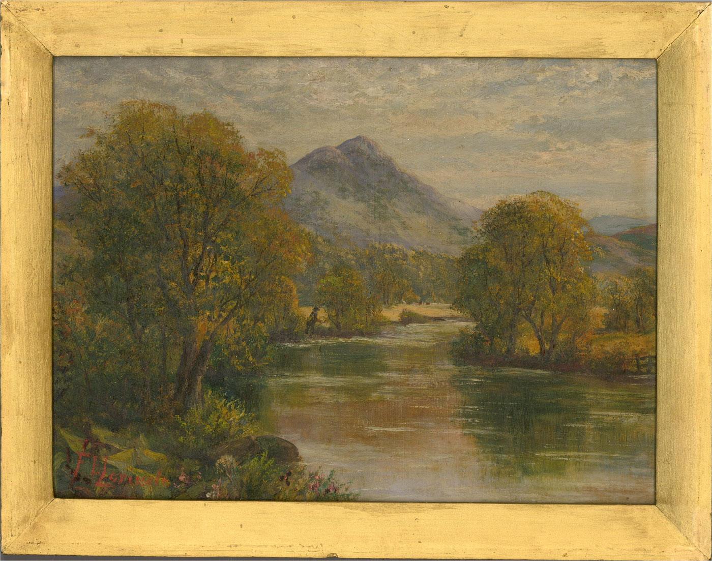 A picturesque oil painting by F.E. Lorissete of a mountain view by the riverside. The artist has used a stipple effect to achieve the impasto texture in the foliage of the trees and shrubs. Signed to the lower left. Presented in a gilt painted