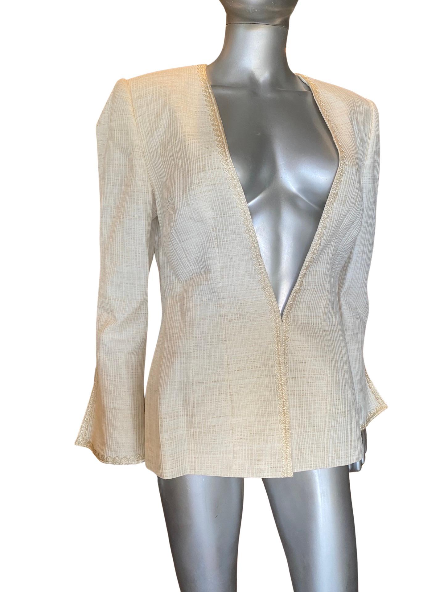 Gray Fe Zandi Chic Custom Made Embroidered Linen Blend Jacket Size 12 For Sale