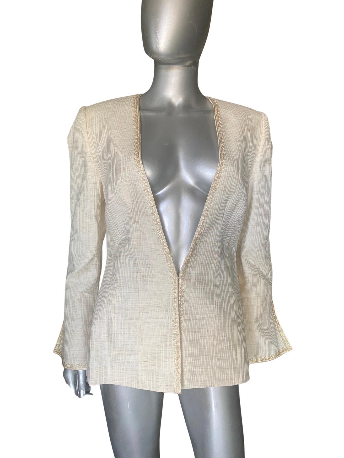 Women's Fe Zandi Chic Custom Made Embroidered Linen Blend Jacket Size 12 For Sale