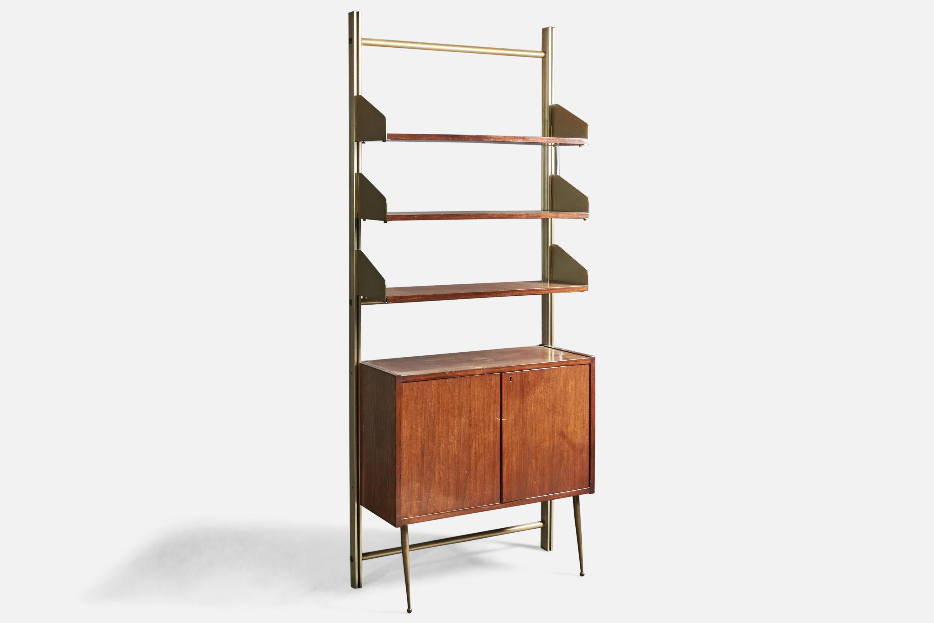 A teak and brass bookcase with cabinet designed and produced by FEAL, Italy, 1950s