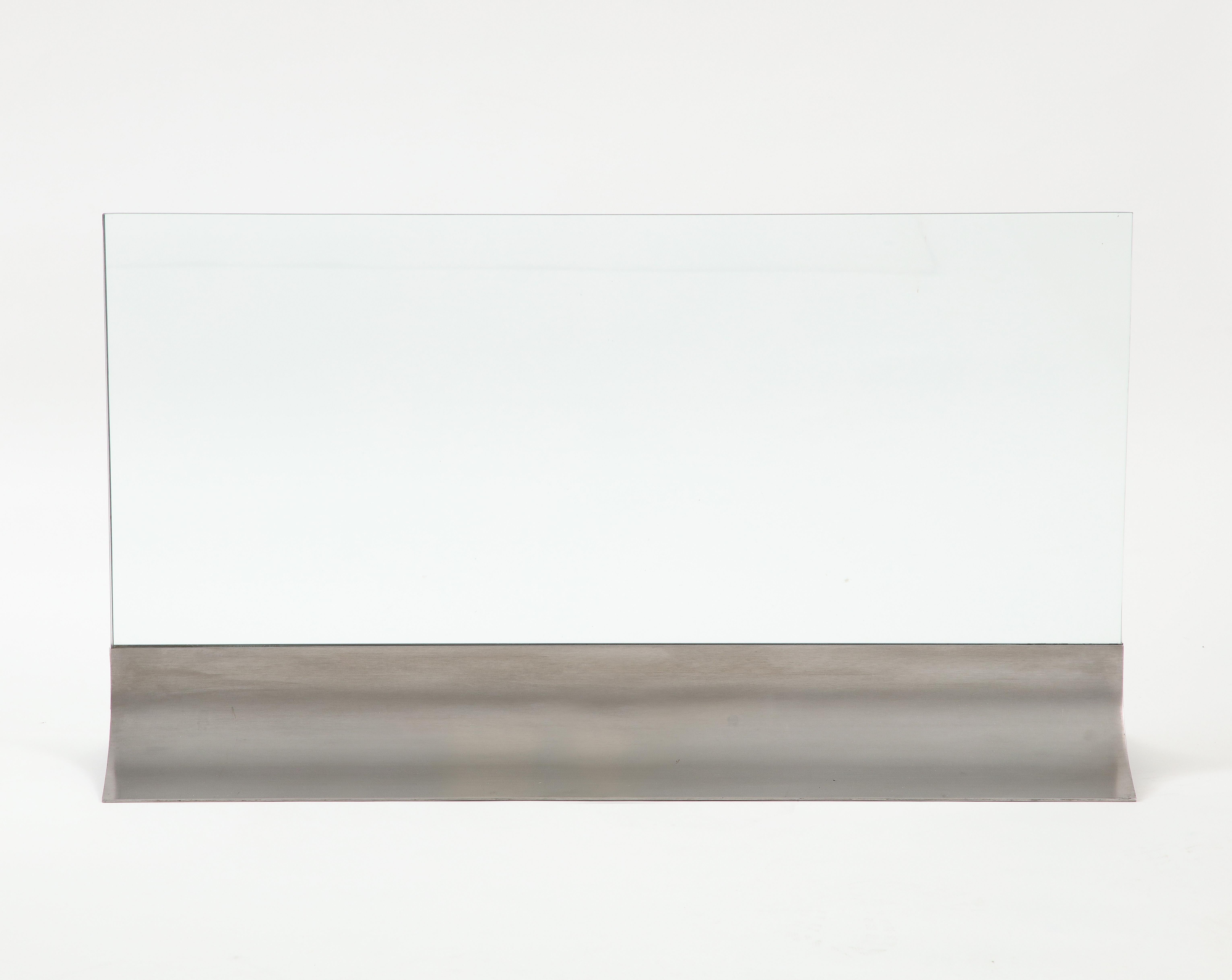 Féal Glass & Brushed stainless steel fire screen, France, c. 1970
Glass, Brushed Metal

Measures: H: 19.5 W: 35.5 D: 9.75 in.