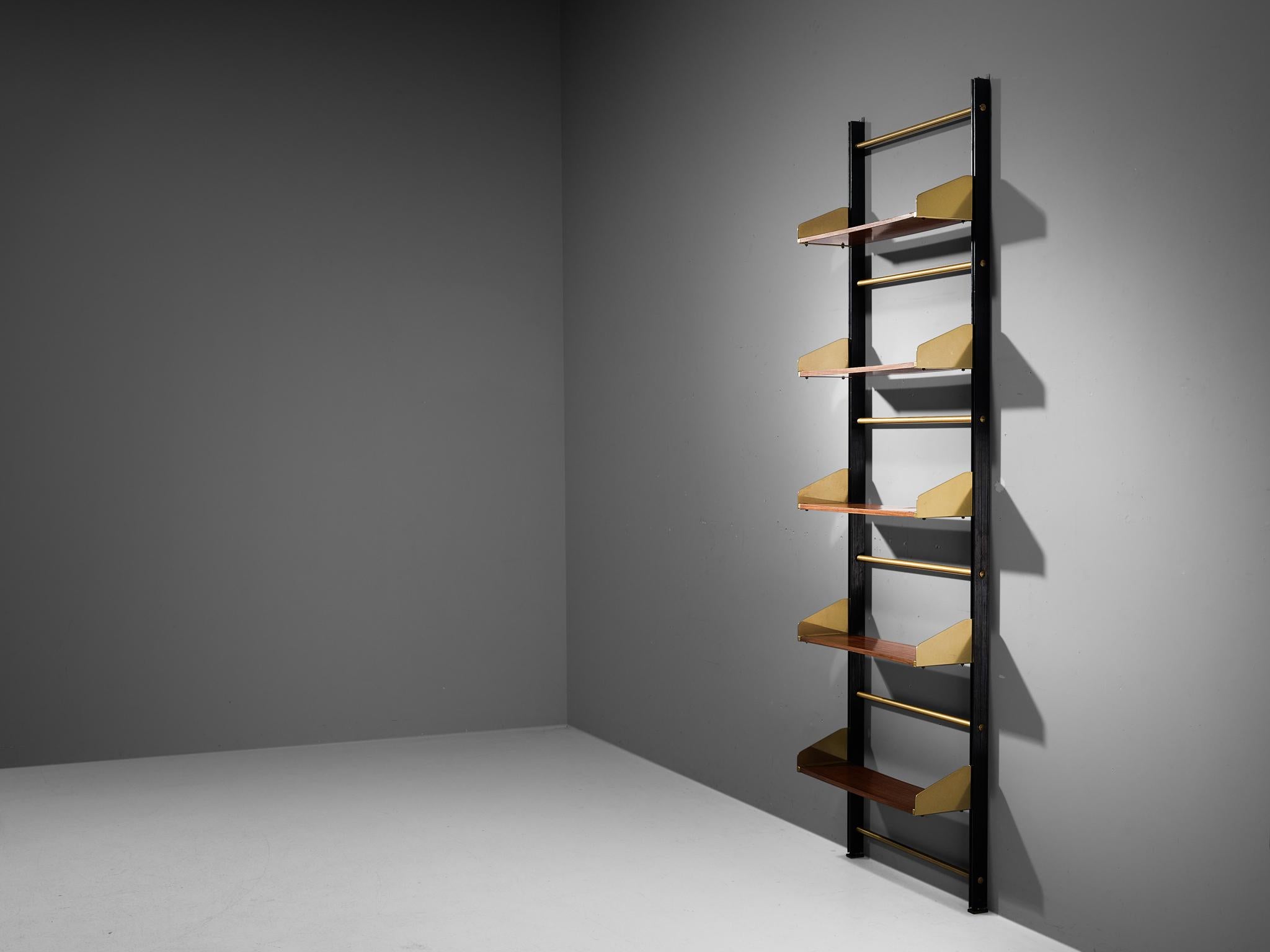 Feal (Fonderie Elettriche Alluminio e Lega), model ‘S2’ wall unit, teak, anodized aluminum, Italy, 1950s 

Both aesthetics and functionality comes into play in this bookcase shelf; elegant in line and practical to use for any environment. This model