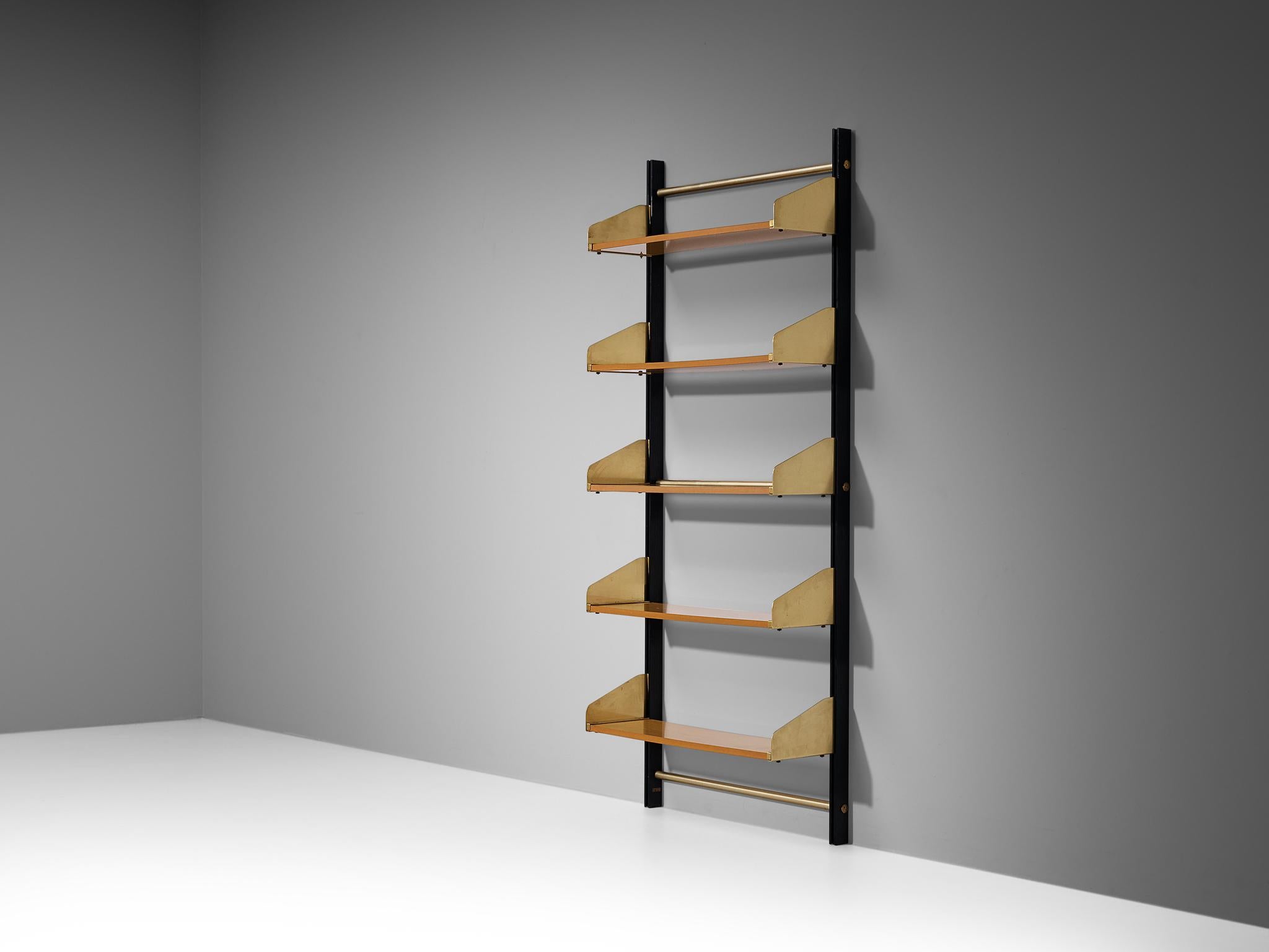 Feal (Fonderie Elettriche Alluminio e Lega), model ‘S2’ wall unit, oak veneer, anodized aluminum, brass-plated aluminum, Italy, 1950s 

Both aesthetics and functionality comes into play in this streamlined bookcase shelf; elegant in line and