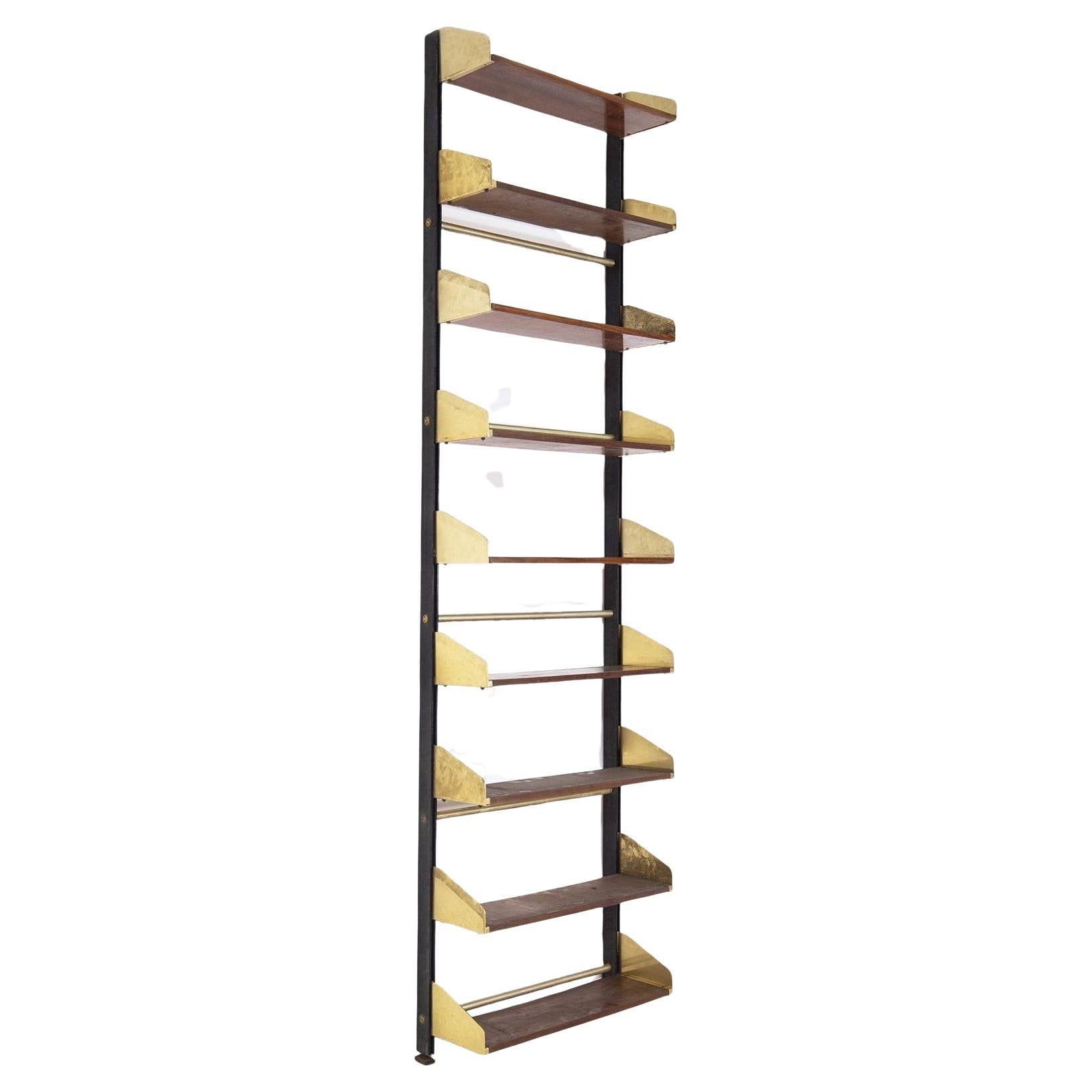 Feal, Wall-Mounted Shelves or Bookcase, Brass, Metal, Wood, Italy, 1950s For Sale